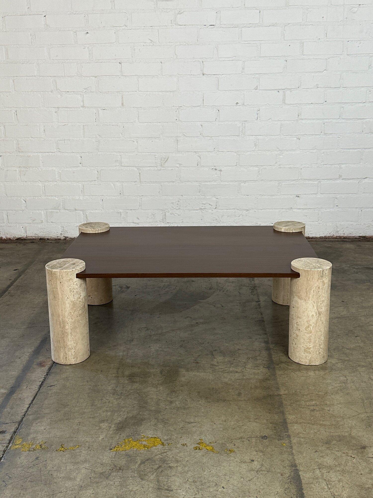 Contemporary Walnut and Travertine Coffee Table For Sale