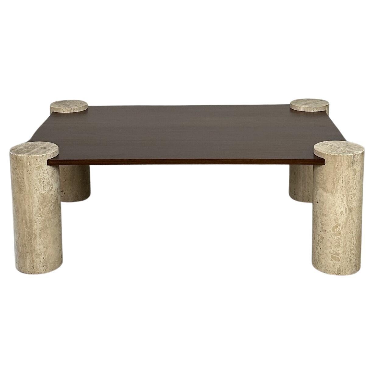Walnut and Travertine Coffee Table For Sale