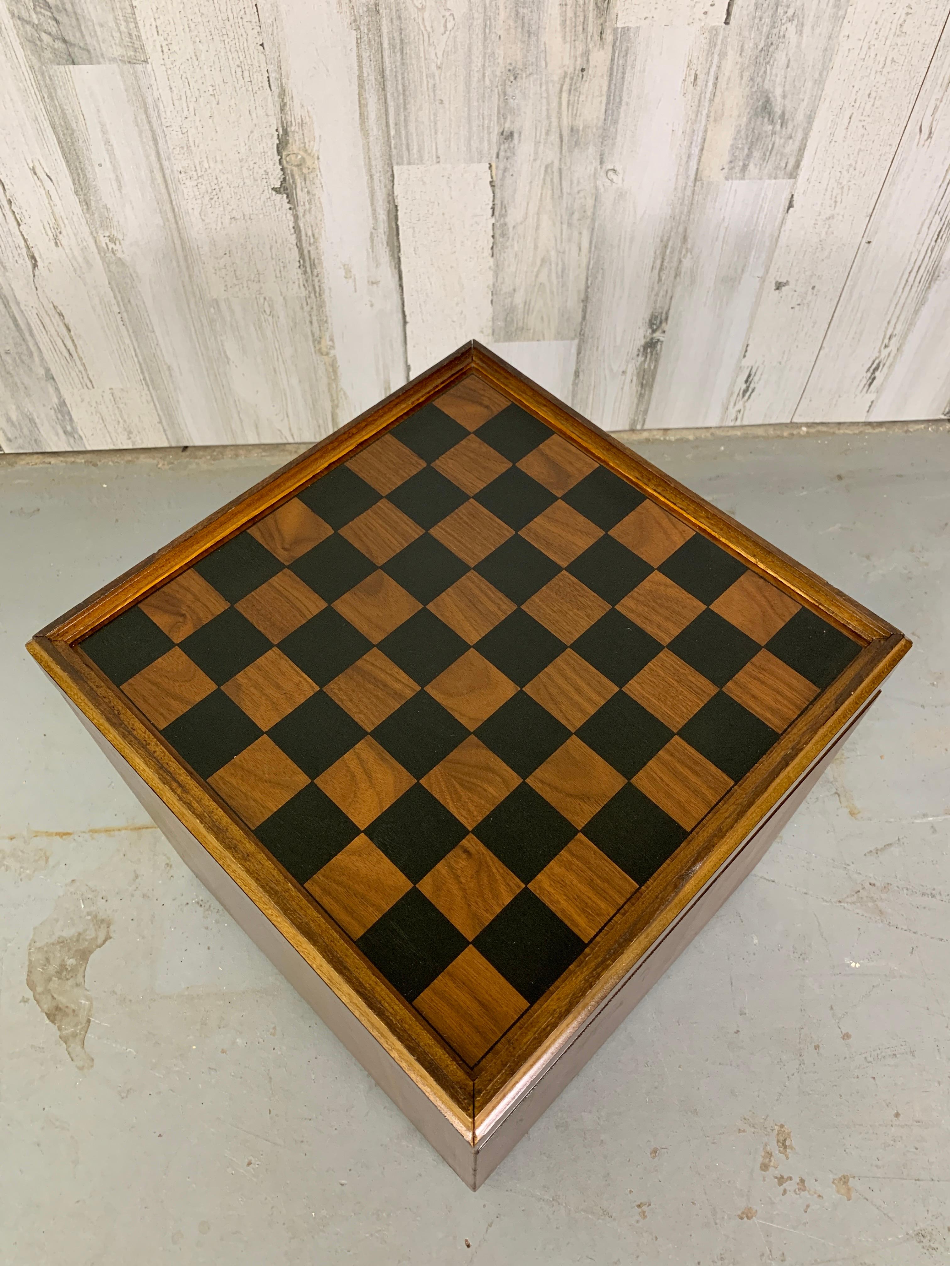 Walnut and Vinyl Chess Table with Storage 4