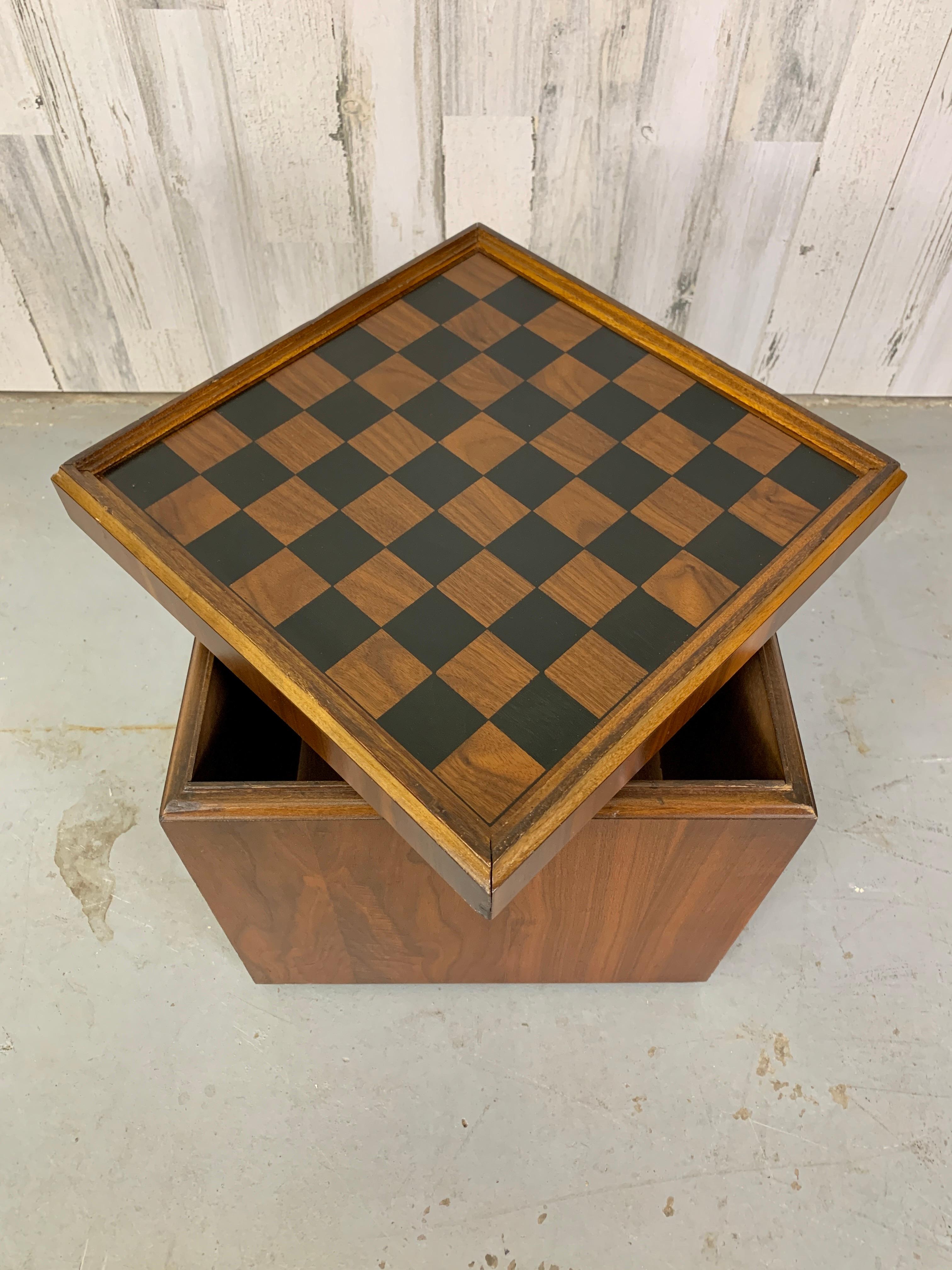 Mid-Century Modern Walnut and Vinyl Chess Table with Storage