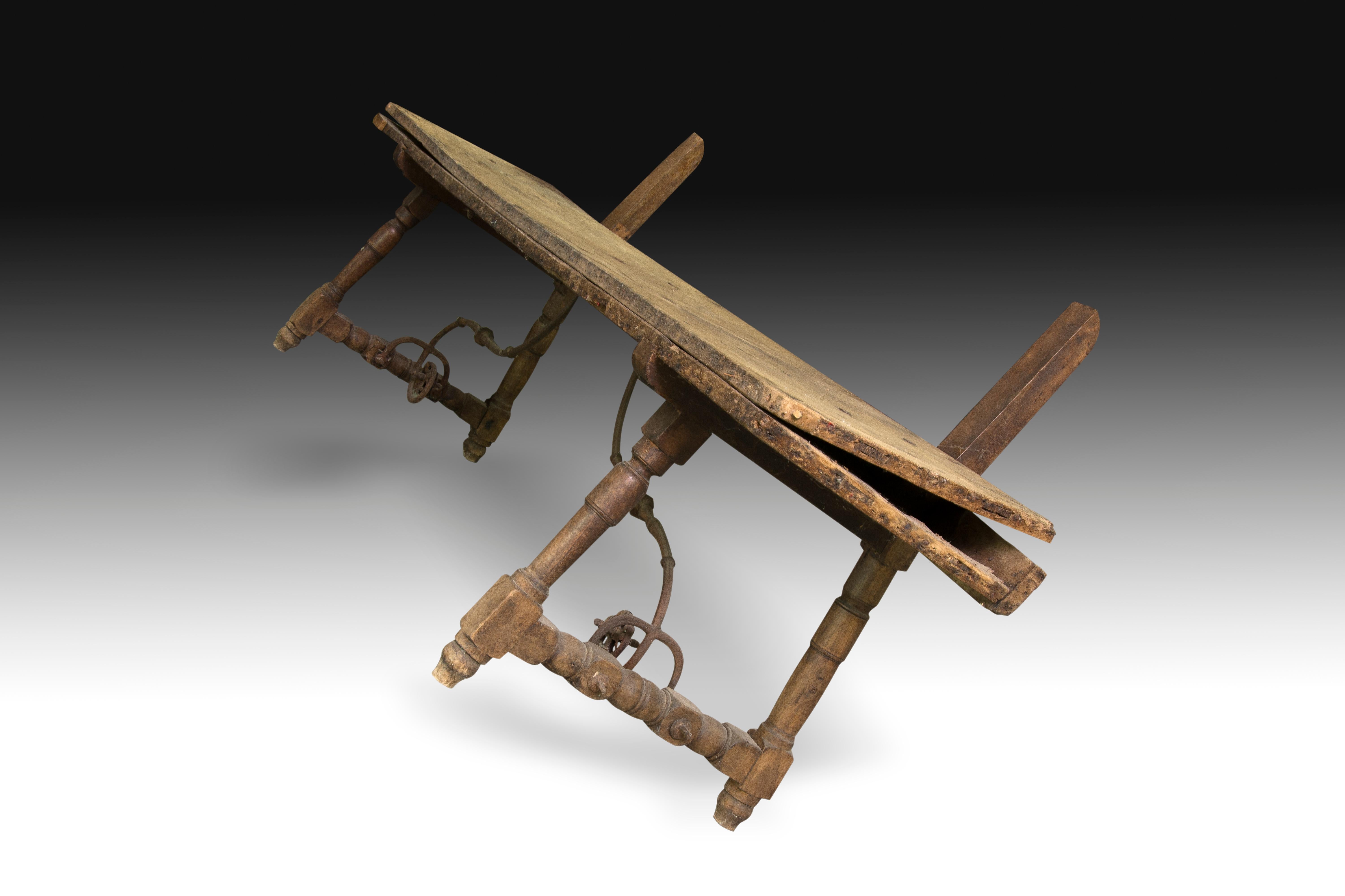 Hand-Crafted Walnut and Wrought Iron Bench, 17th Century