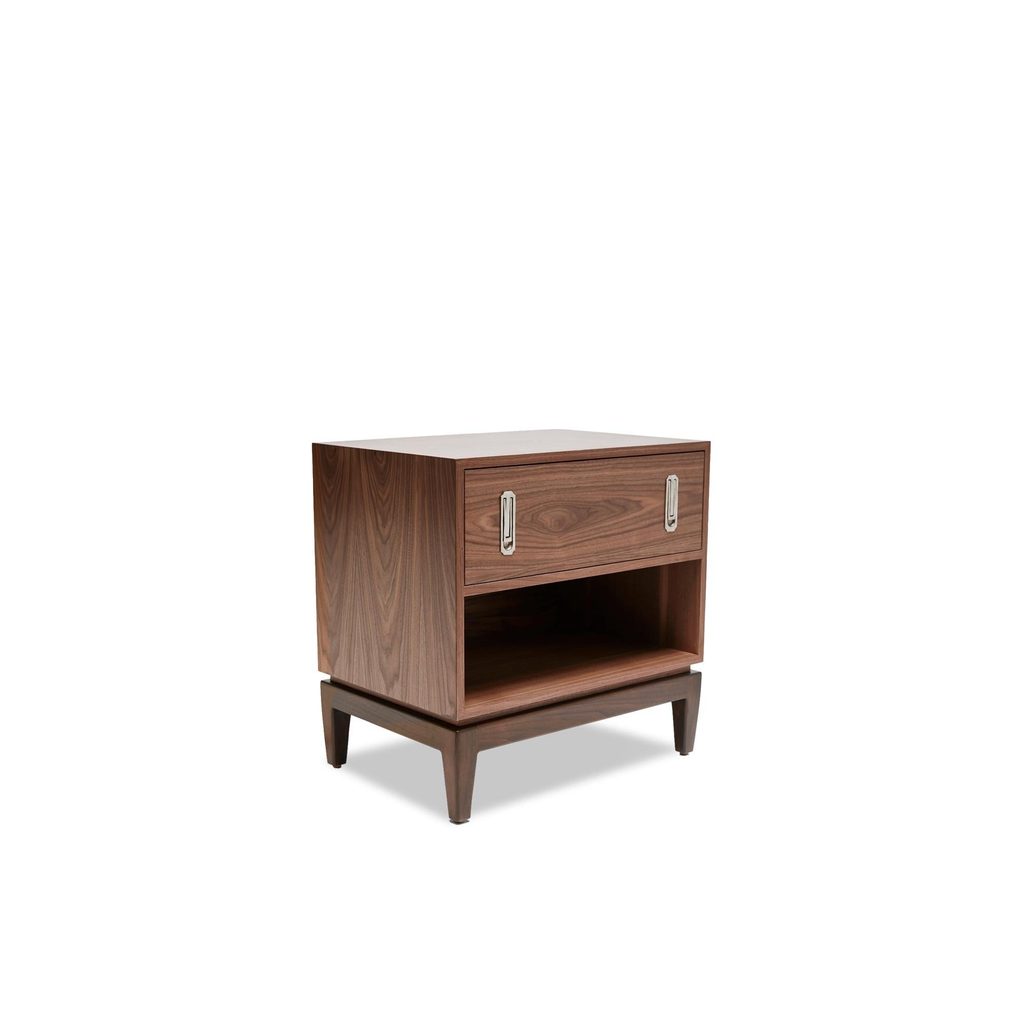The Arcadia Side Table features one or two drawers, an open shelf, hand crafted vintage style hardware and a sculptural solid American walnut or white oak base.

The Arcadia Side Table features one or two drawers, an open shelf, hand crafted vintage