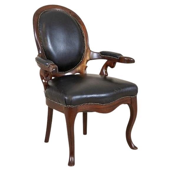 Walnut Armchair From the Late 19th Century in Black Leather For Sale