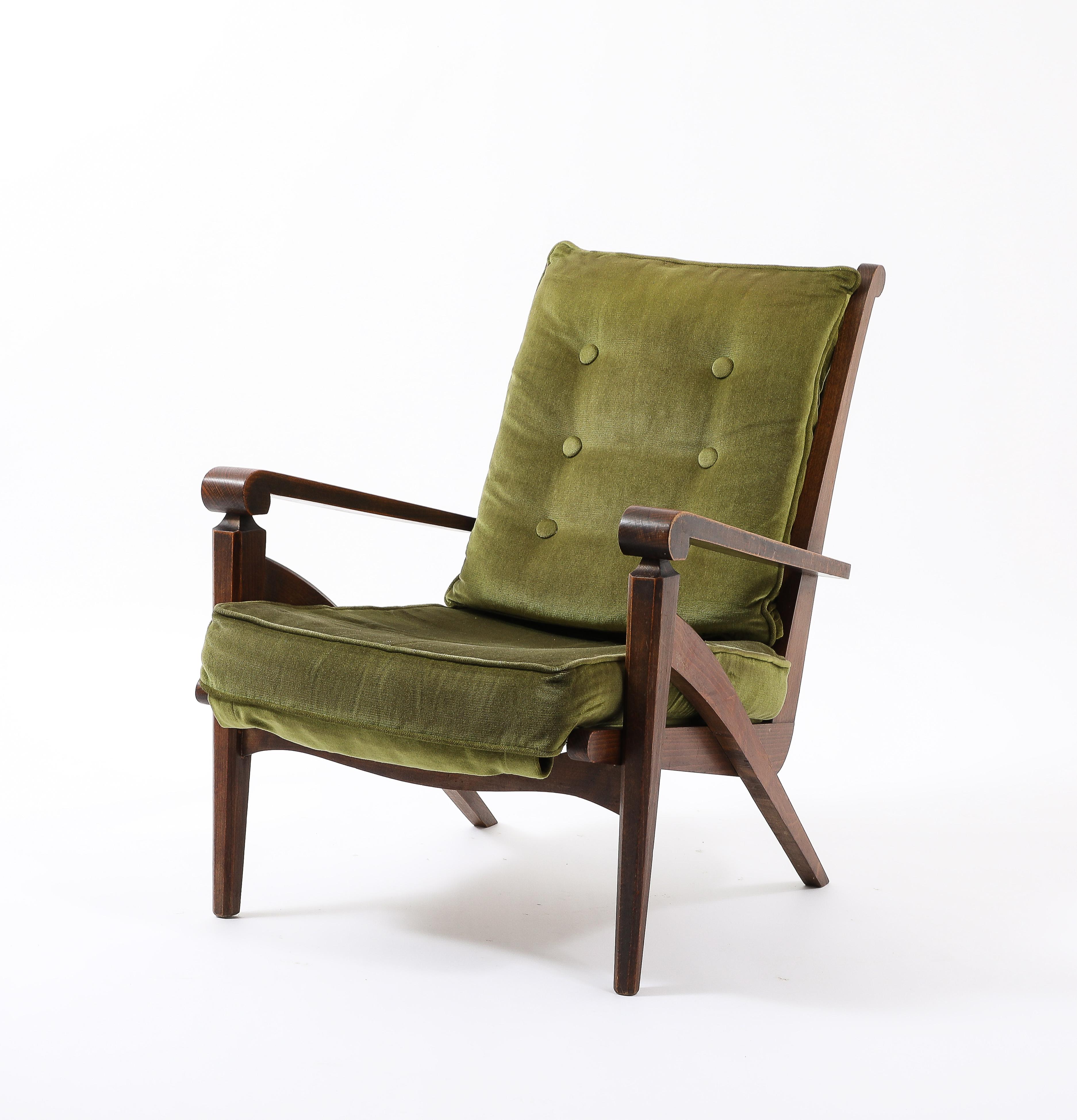 French Walnut Armchair w. Velvet Upholstery in style of André Arbus - France 1950's For Sale