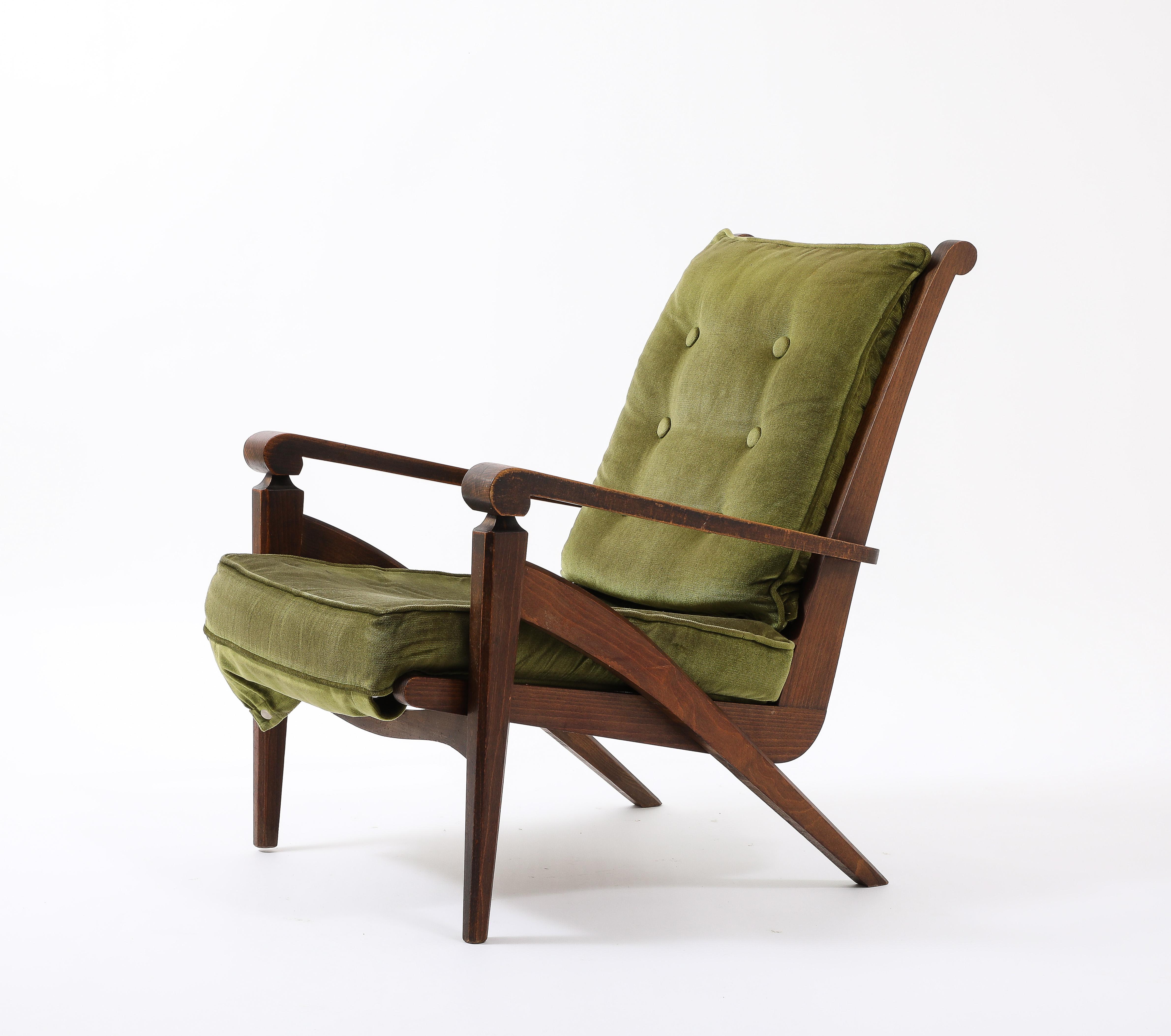 Walnut Armchair w. Velvet Upholstery in style of André Arbus - France 1950's In Fair Condition For Sale In New York, NY
