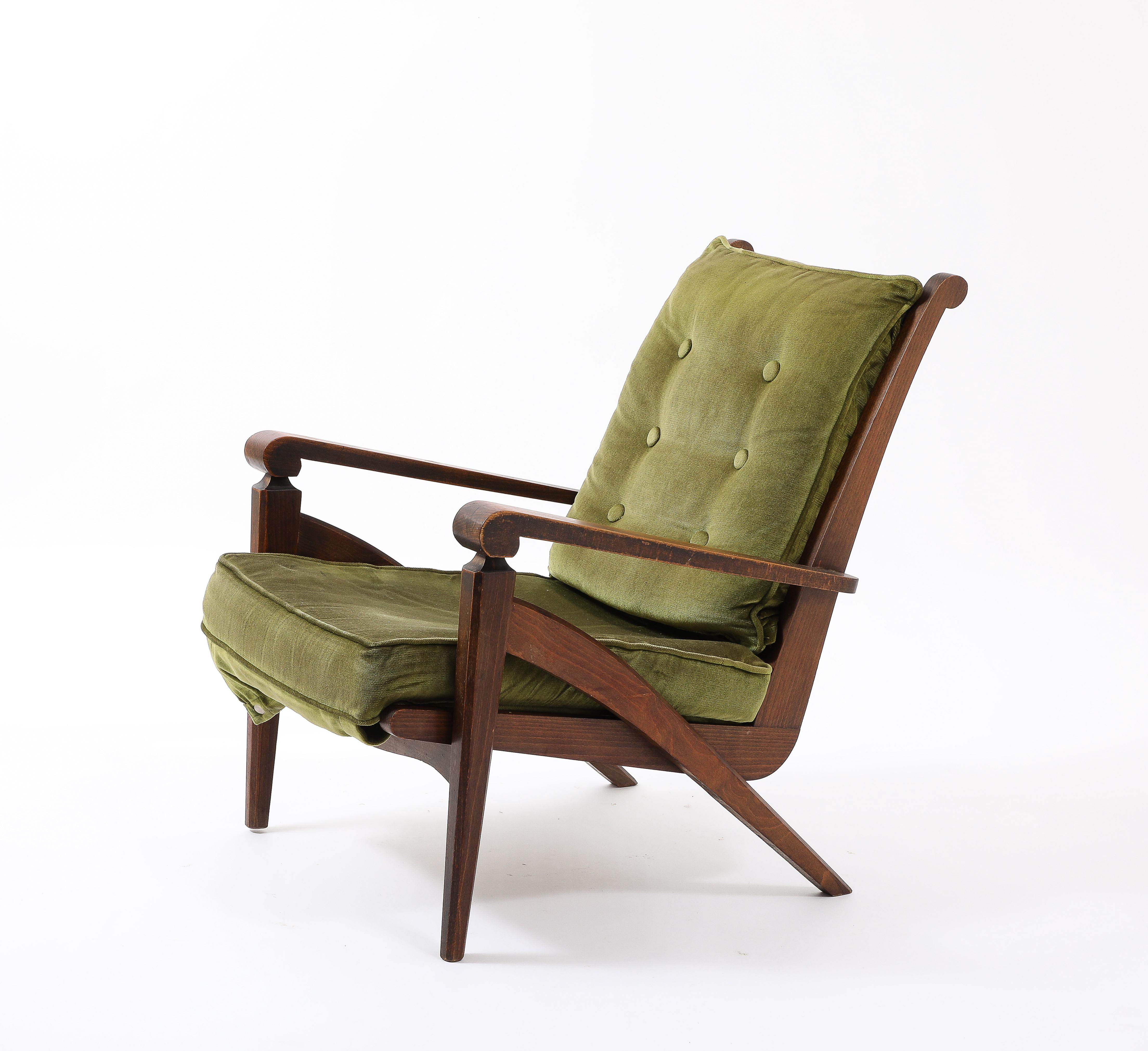 Mid-20th Century Walnut Armchair w. Velvet Upholstery in style of André Arbus - France 1950's For Sale