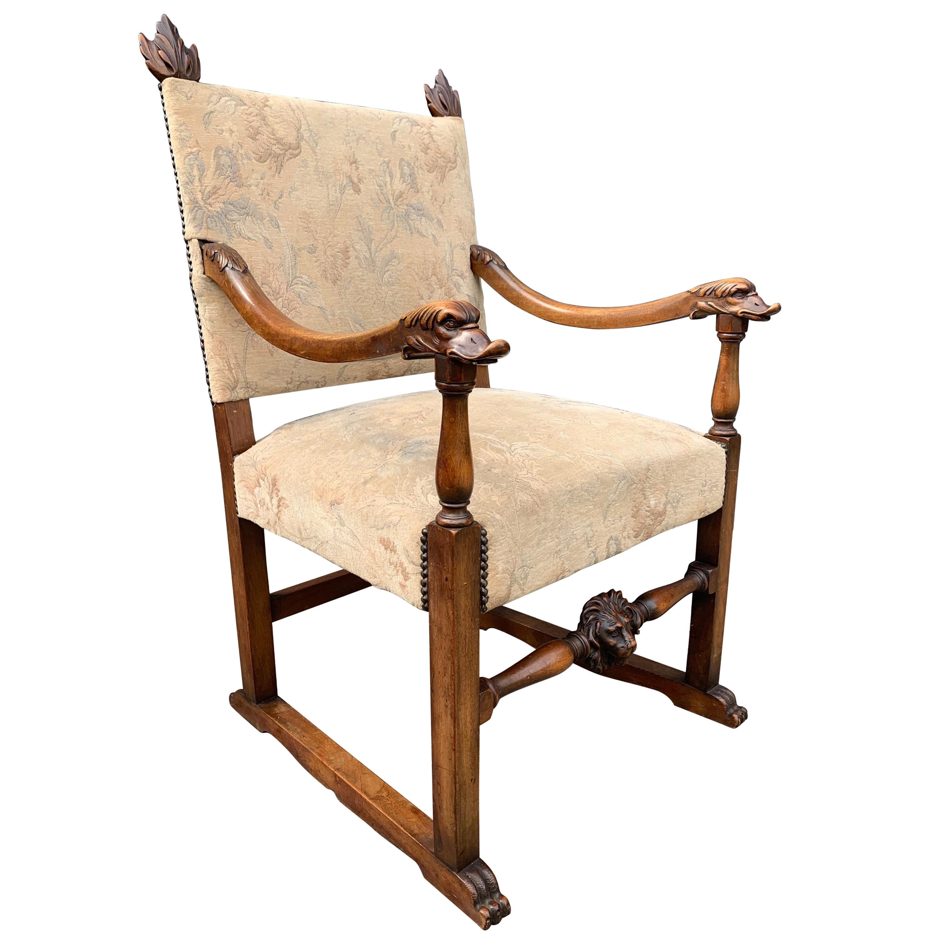 Walnut Armchair with Hand Carved Lion Head and Swan Sculptures as Armrests