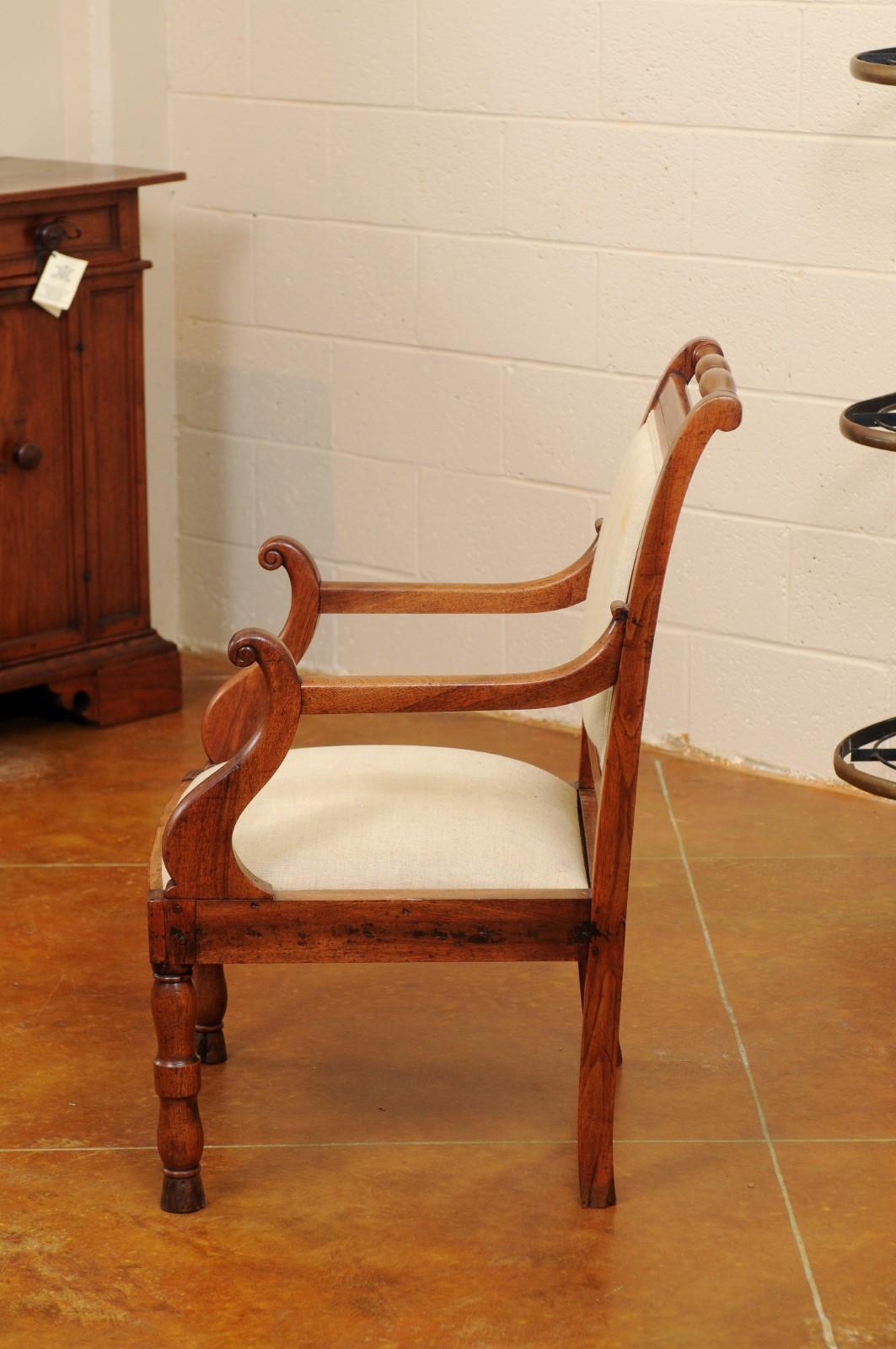 Walnut Armchair with Turned Rail & Legs and Scroll Arms, France, circa 1840 For Sale 4
