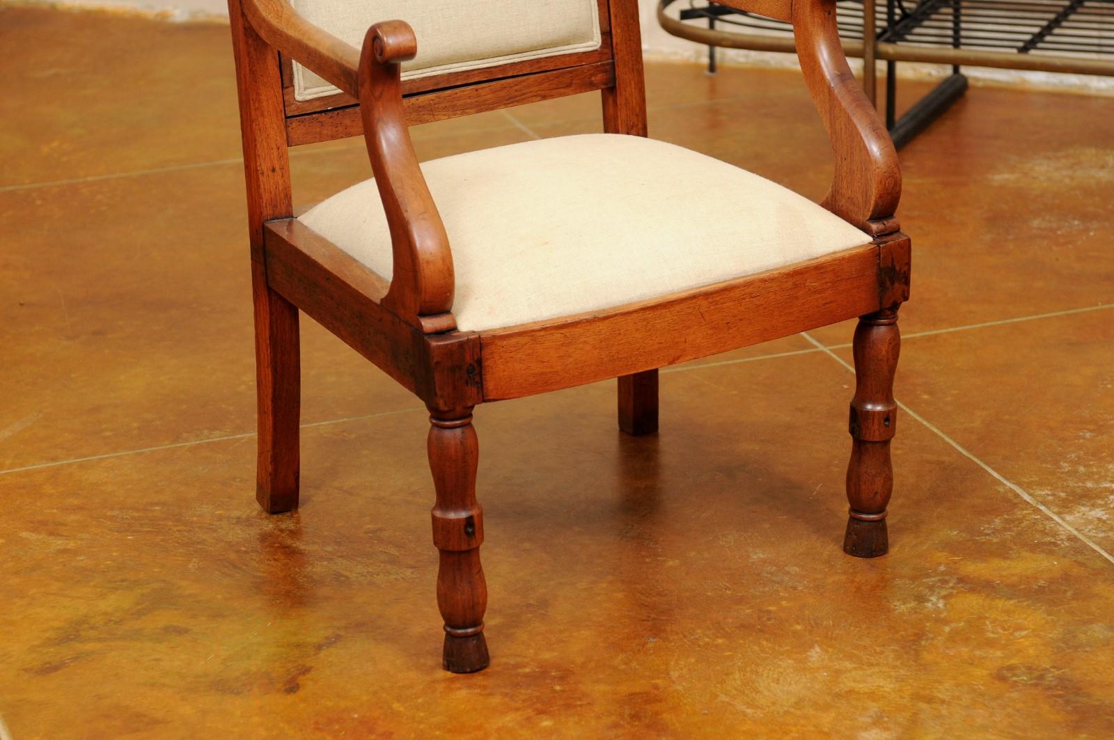 Walnut Armchair with Turned Rail & Legs and Scroll Arms, France, circa 1840 In Good Condition For Sale In Atlanta, GA