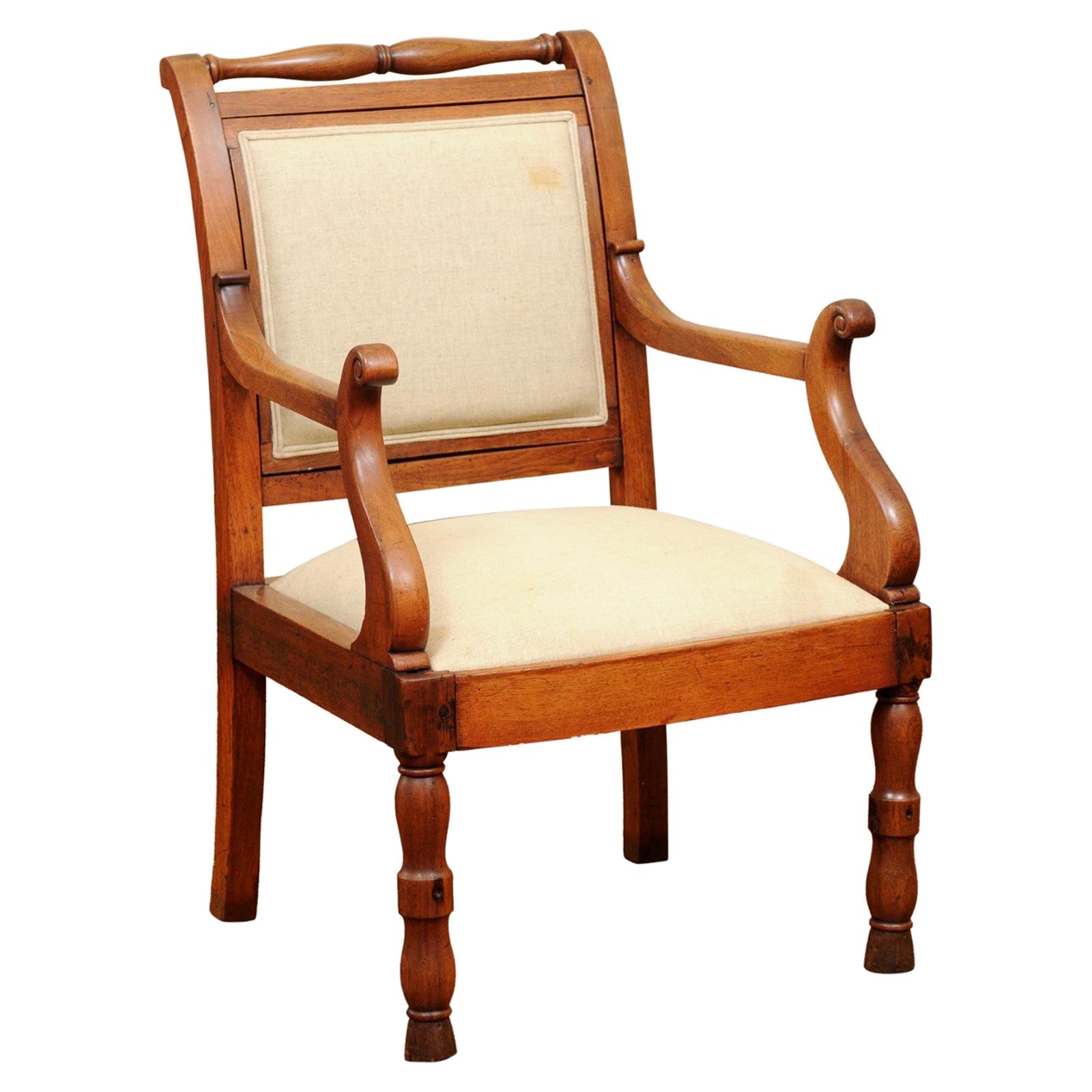 Walnut Armchair with Turned Rail & Legs and Scroll Arms, France, circa 1840