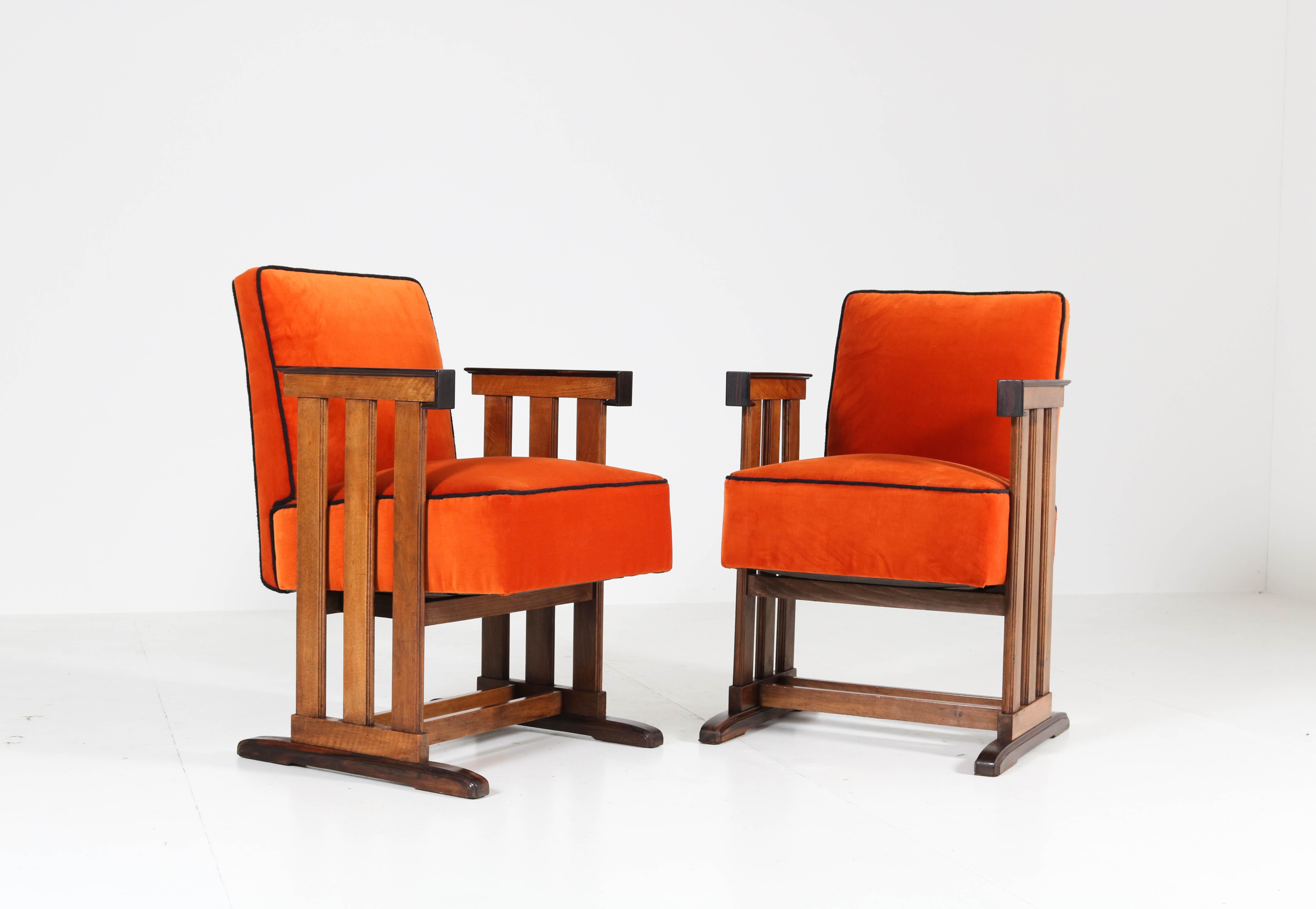 Early 20th Century Walnut Art Deco Amsterdam School Armchairs by 't Woonhuys, 1920s