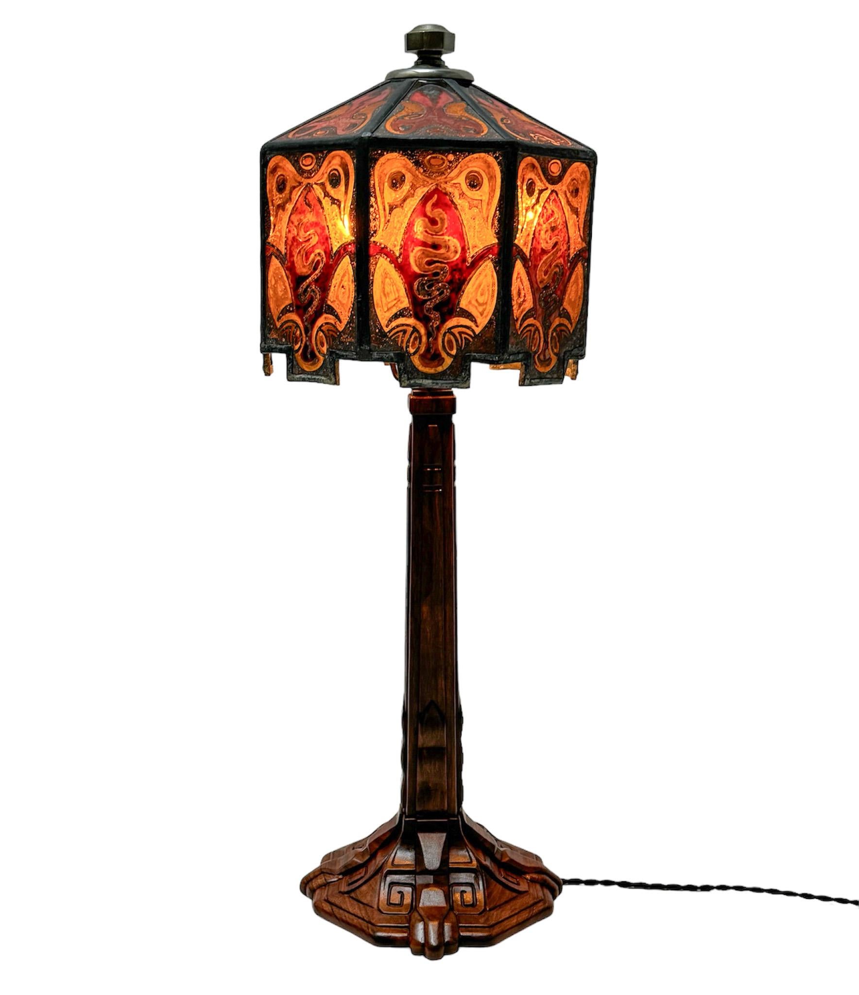 Stained Glass Walnut Art Deco Amsterdamse School Table Lamp by Napoleon le Grand, 1920s For Sale