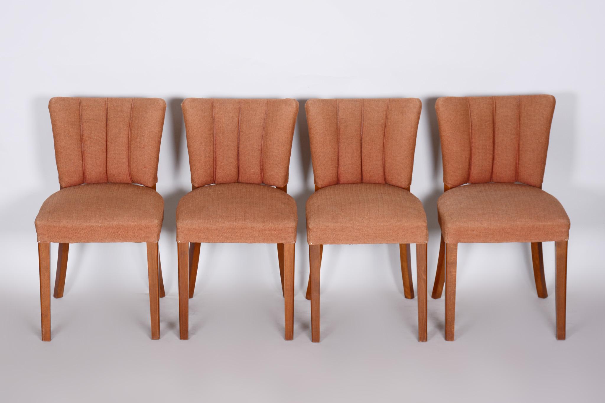 Art Deco chairs from Czechoslovakia, 1920-1929 new fabric and upholstery
Style: Art Deco.
Period: 1920-1929. 
Material: Walnut
With original fabric and upholstery, in pristine condition.
