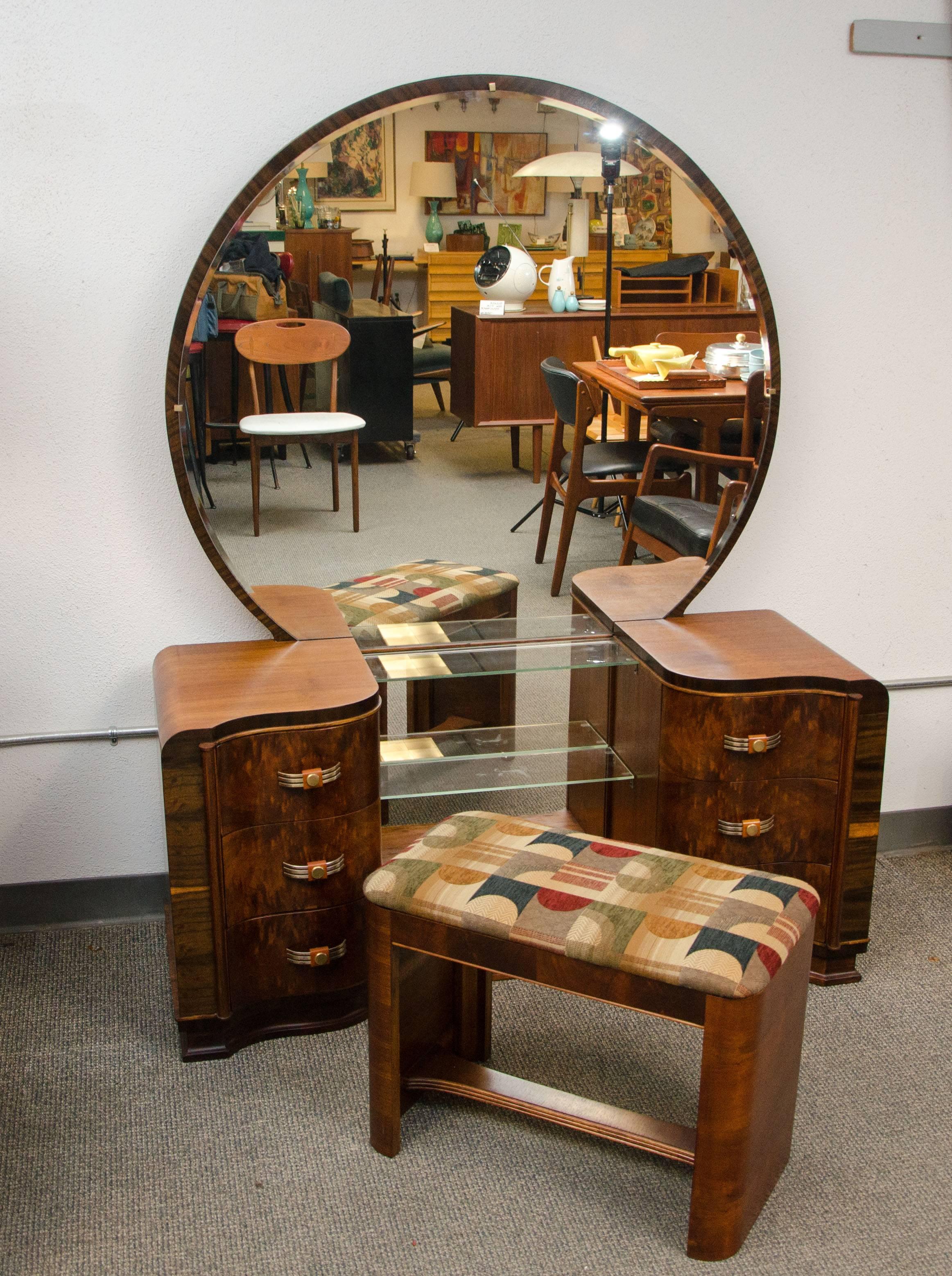 Walnut Art Deco Dressing Table / Vanity with Mirror 1