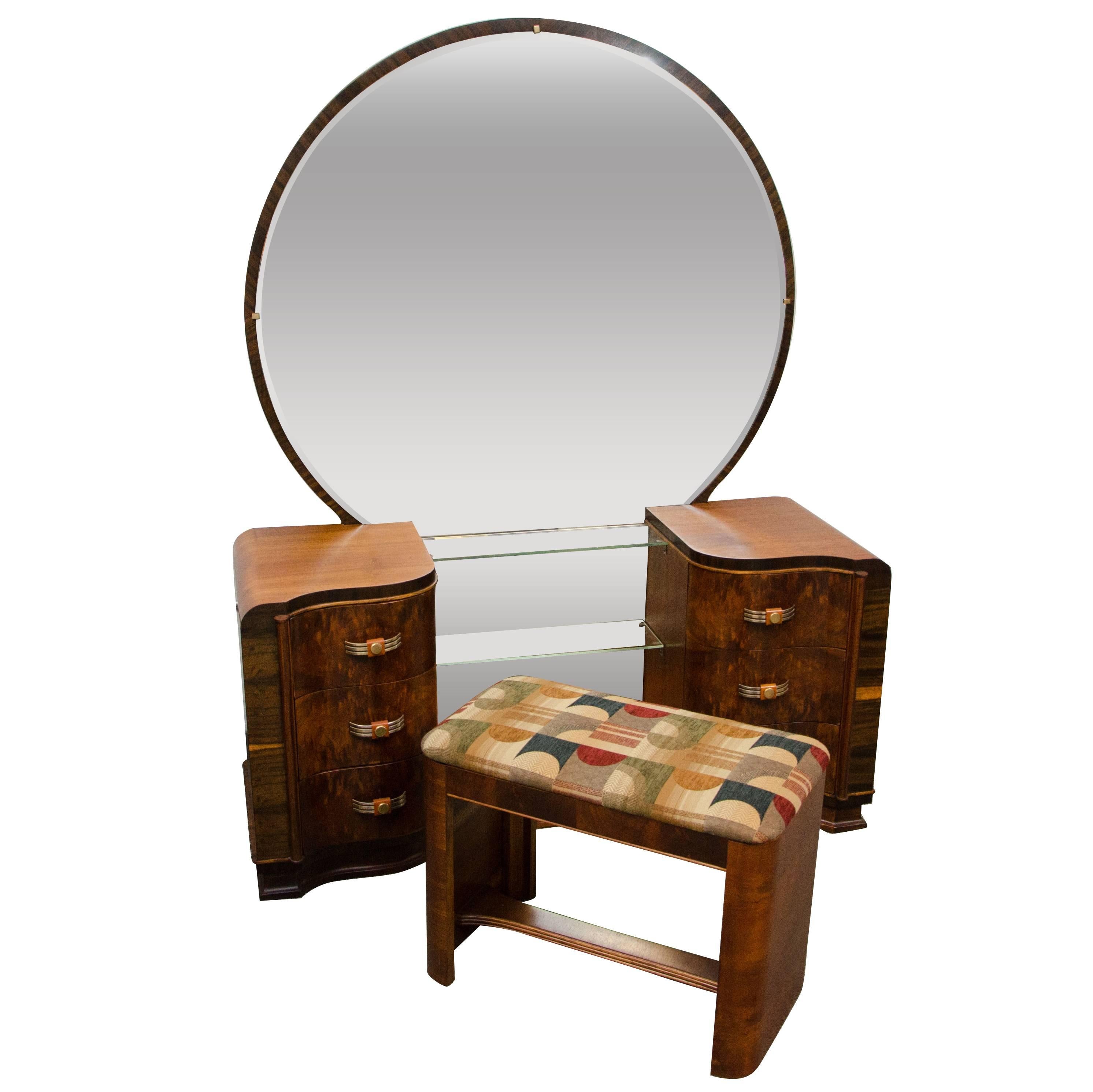 Walnut Art Deco Dressing Table / Vanity with Mirror