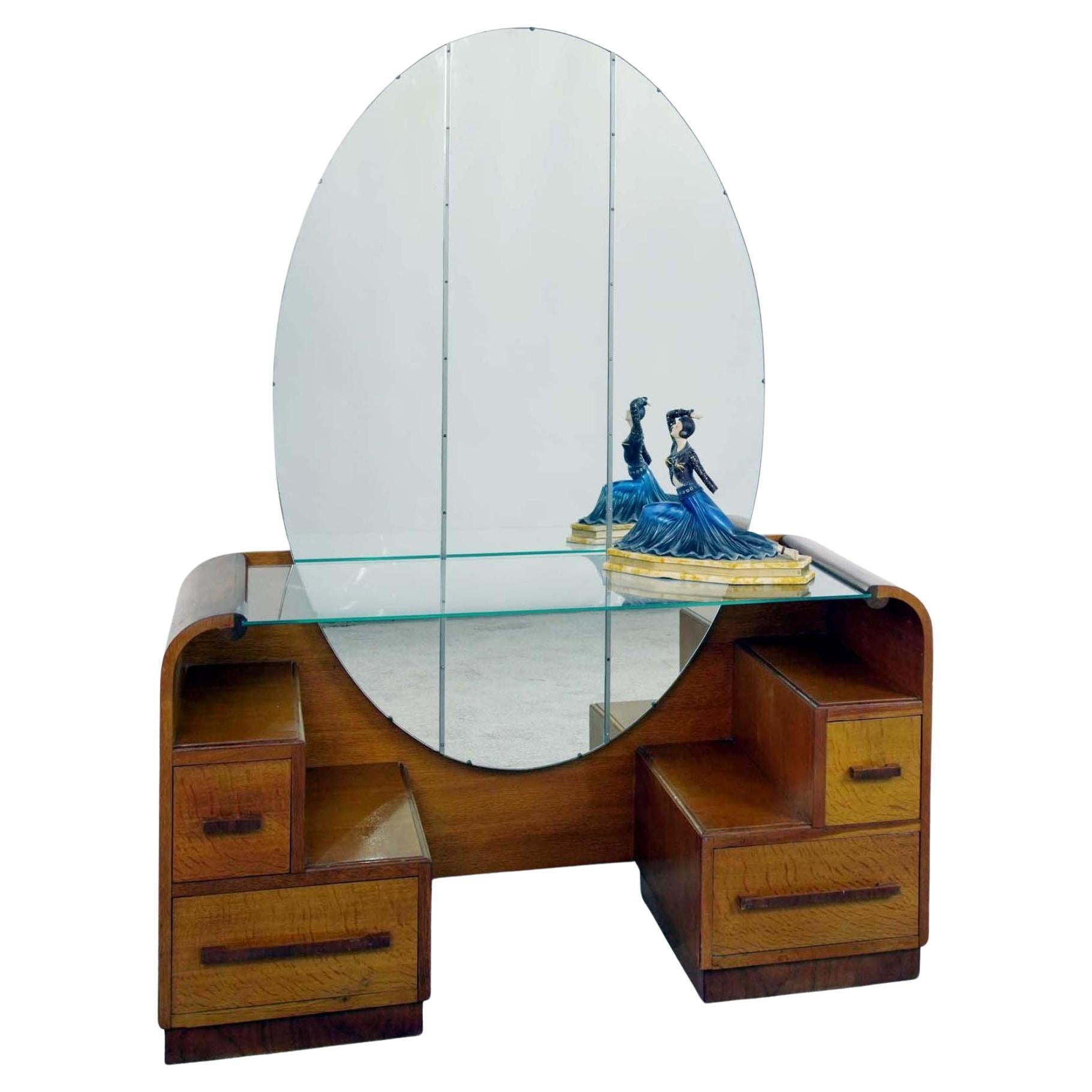 Tavolino da toilette Art Deco in noce con specchio C.C. 1930