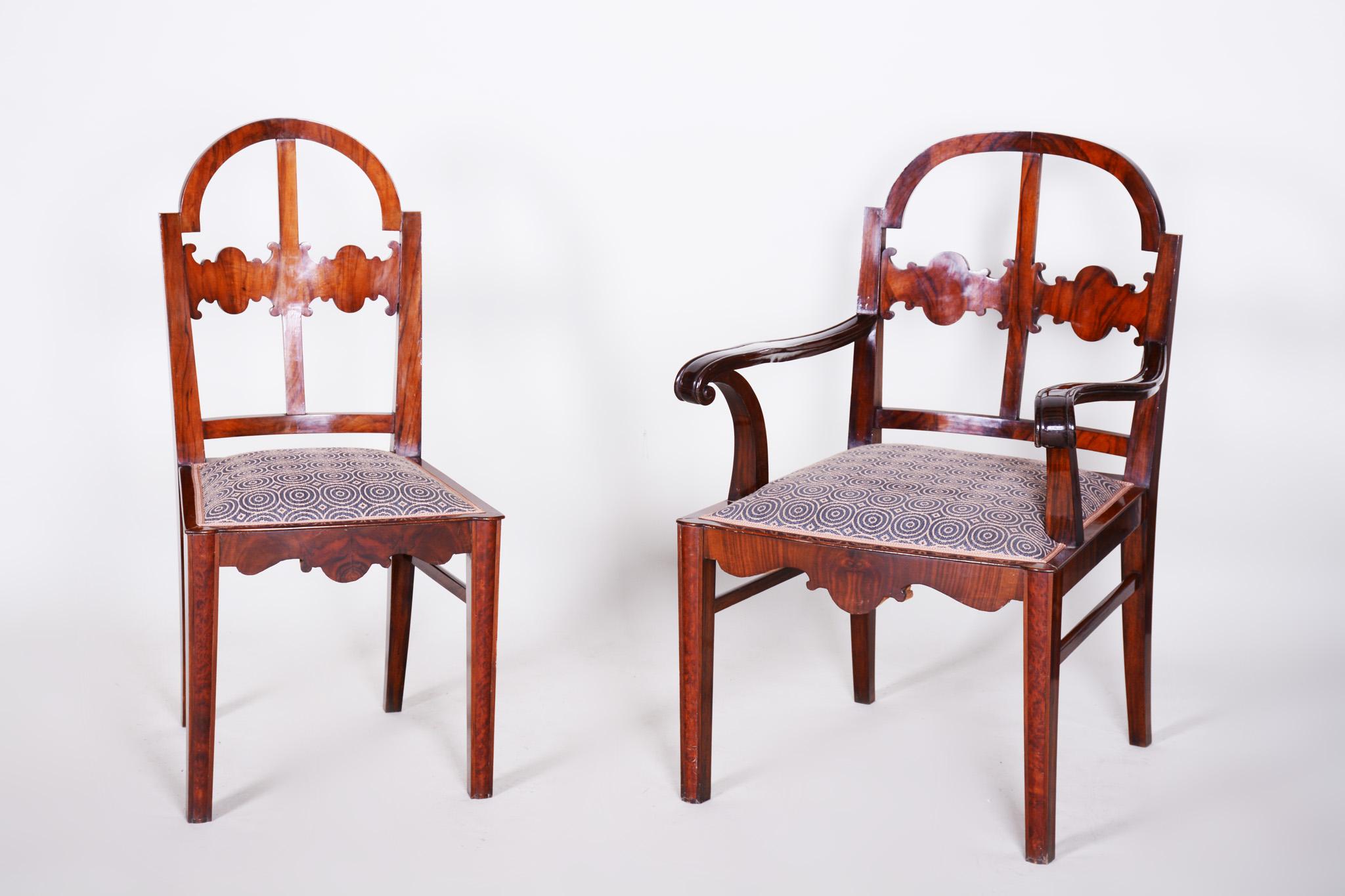 Walnut Art Deco Seating Set, 2 Armchairs and 4 Chairs, Shellac Polish, 1920s For Sale 7