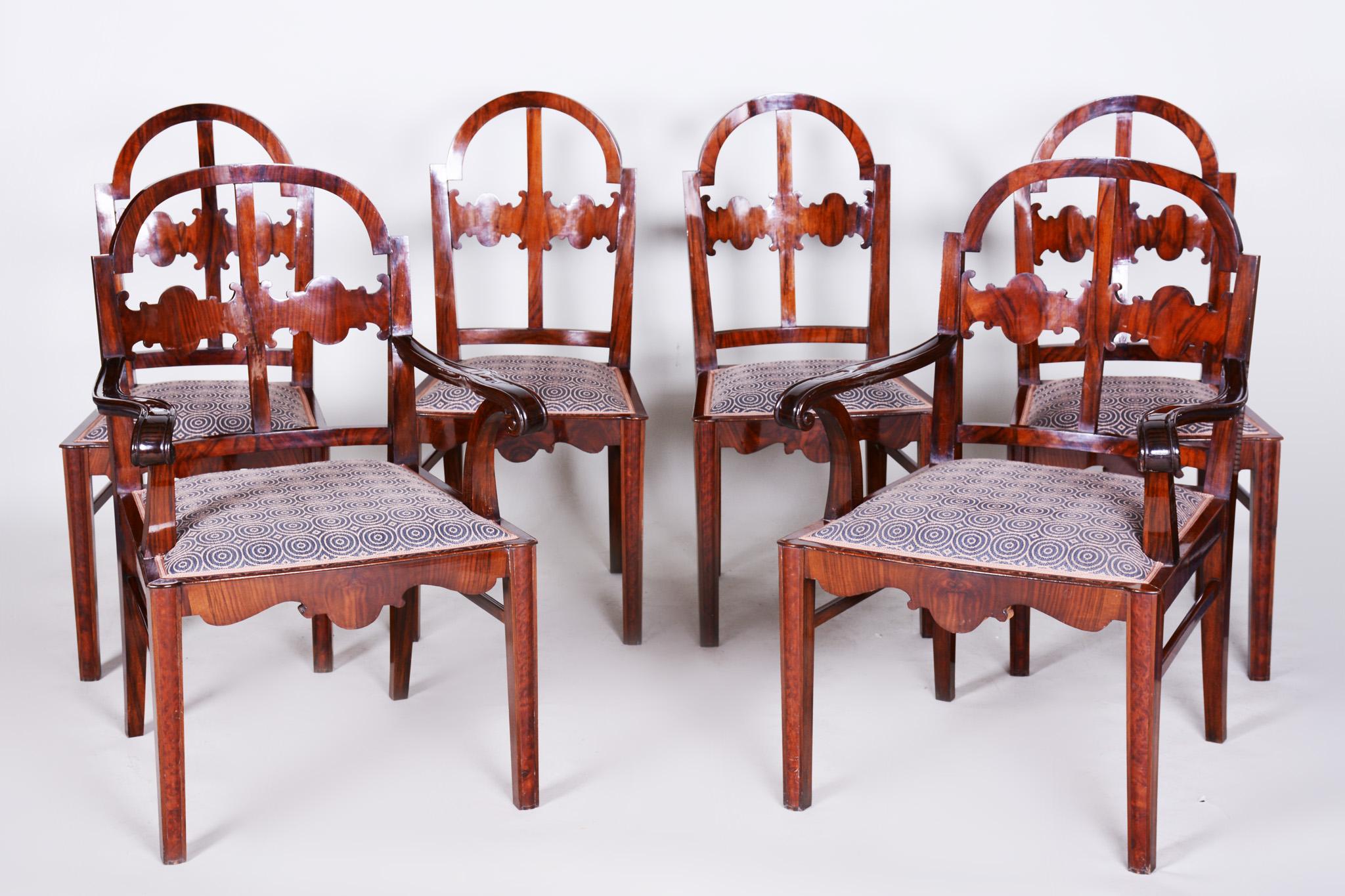 Czech Walnut Art Deco Seating Set, 2 Armchairs and 4 Chairs, Shellac Polish, 1920s For Sale
