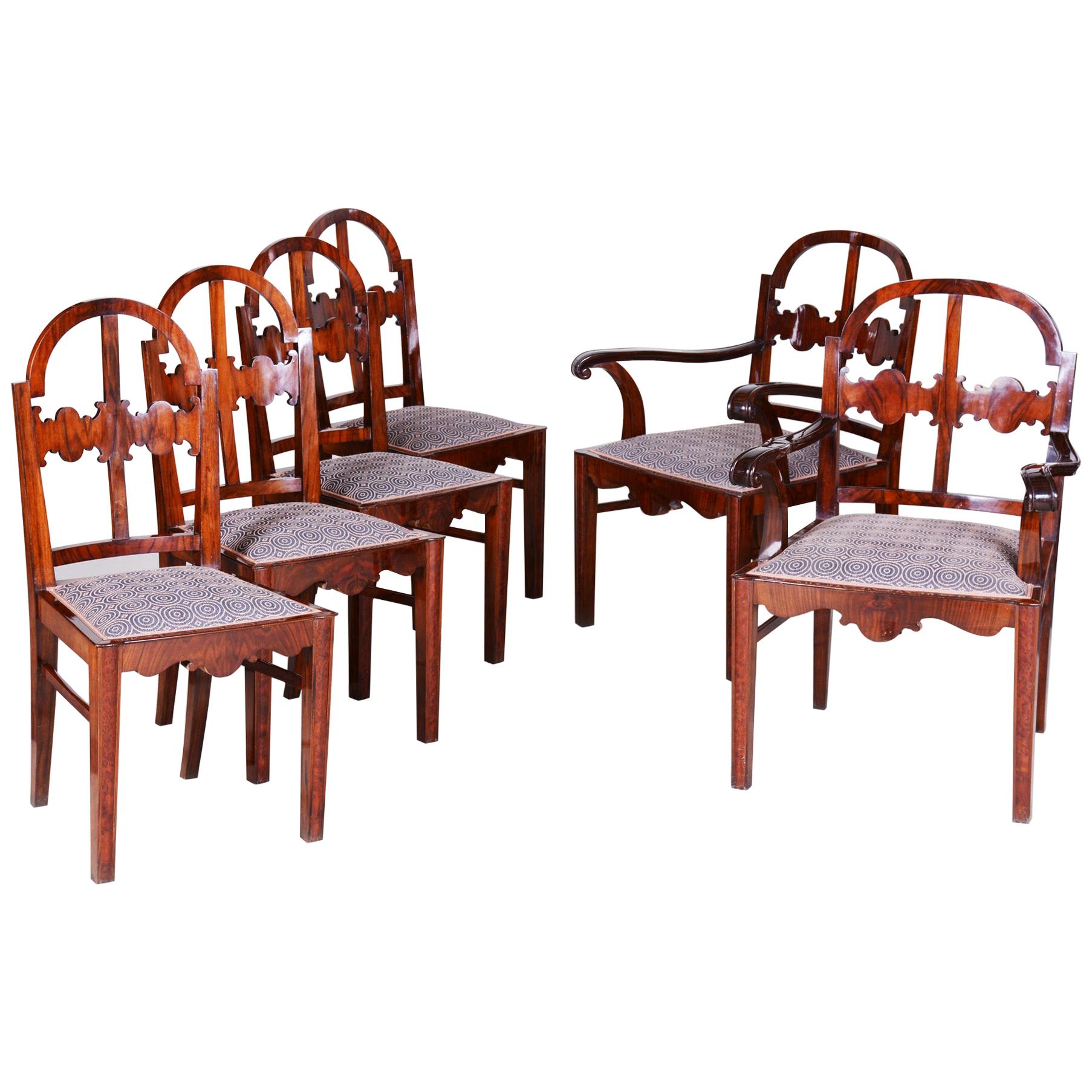 Walnut Art Deco Seating Set, 2 Armchairs and 4 Chairs, Shellac Polish, 1920s