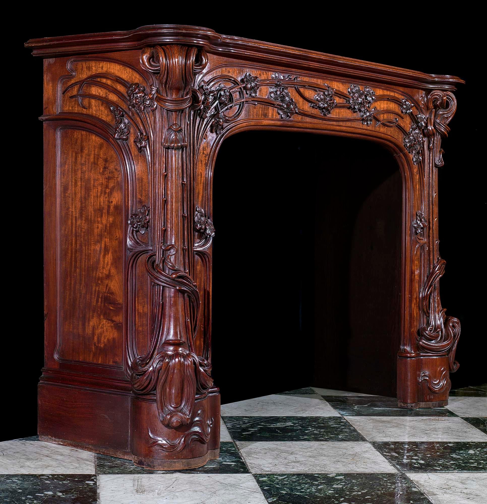 Hand-Carved Walnut Art Nouveau Fireplace Attributed to Majorelle