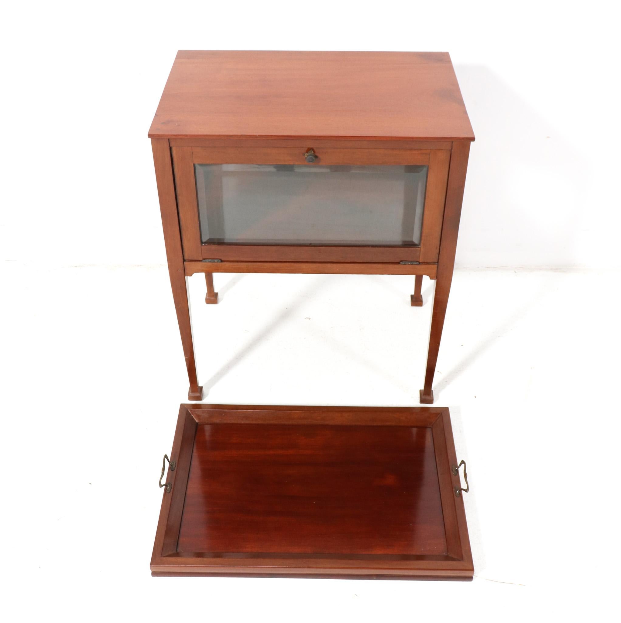 Brass Walnut Art Nouveau Tea Cabinet with Serving Tray, 1900s For Sale
