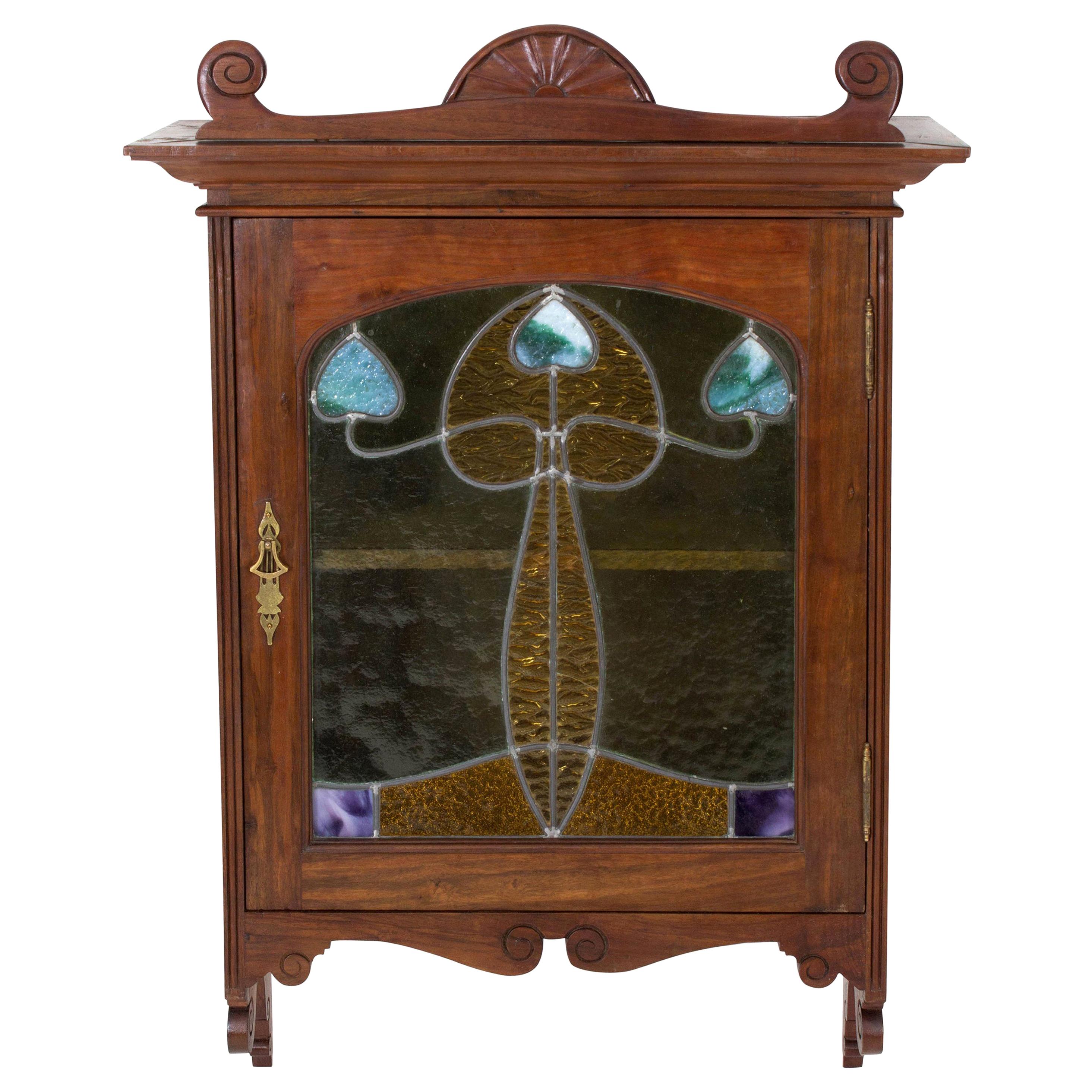 Walnut Art Nouveau Wall with Original Stained Glass, 1900s at