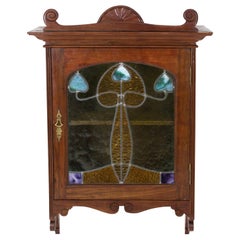 Walnut Art Nouveau Wall Cabinet with Original Stained Glass, 1900s
