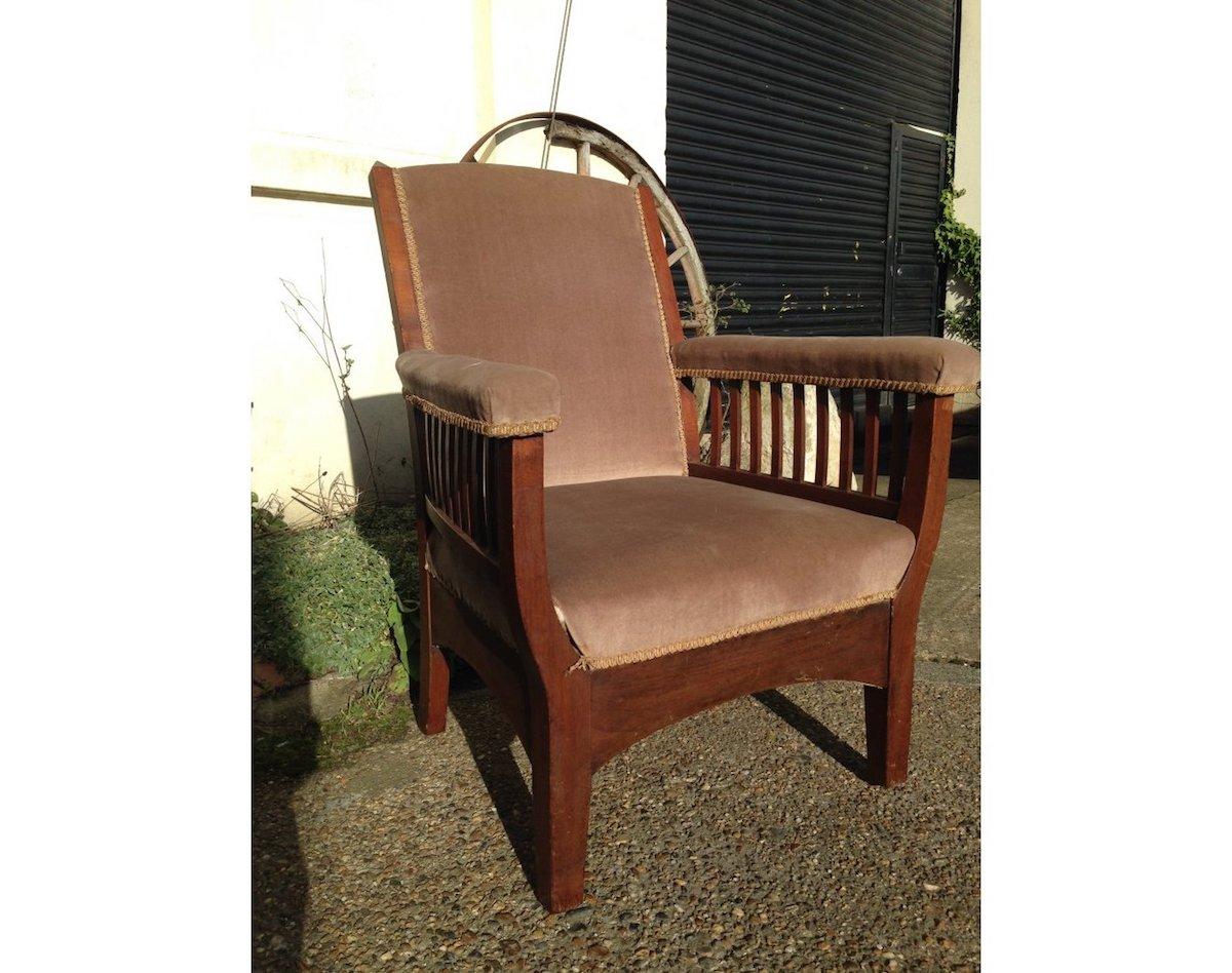 Arts and Crafts Walnut Arts & Crafts Armchair with Pyramidal Top Details & Curved Out Arms For Sale