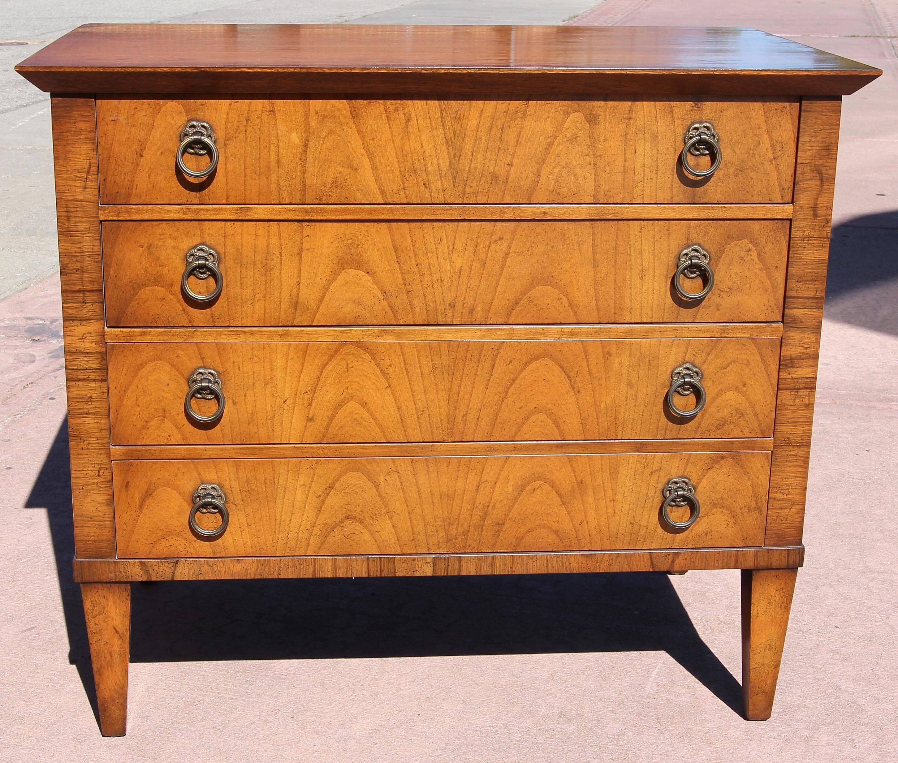 Walnut four-drawer midcentury bachelors chest. Made by Old Colony Furniture. Please, contact us for shipping options.