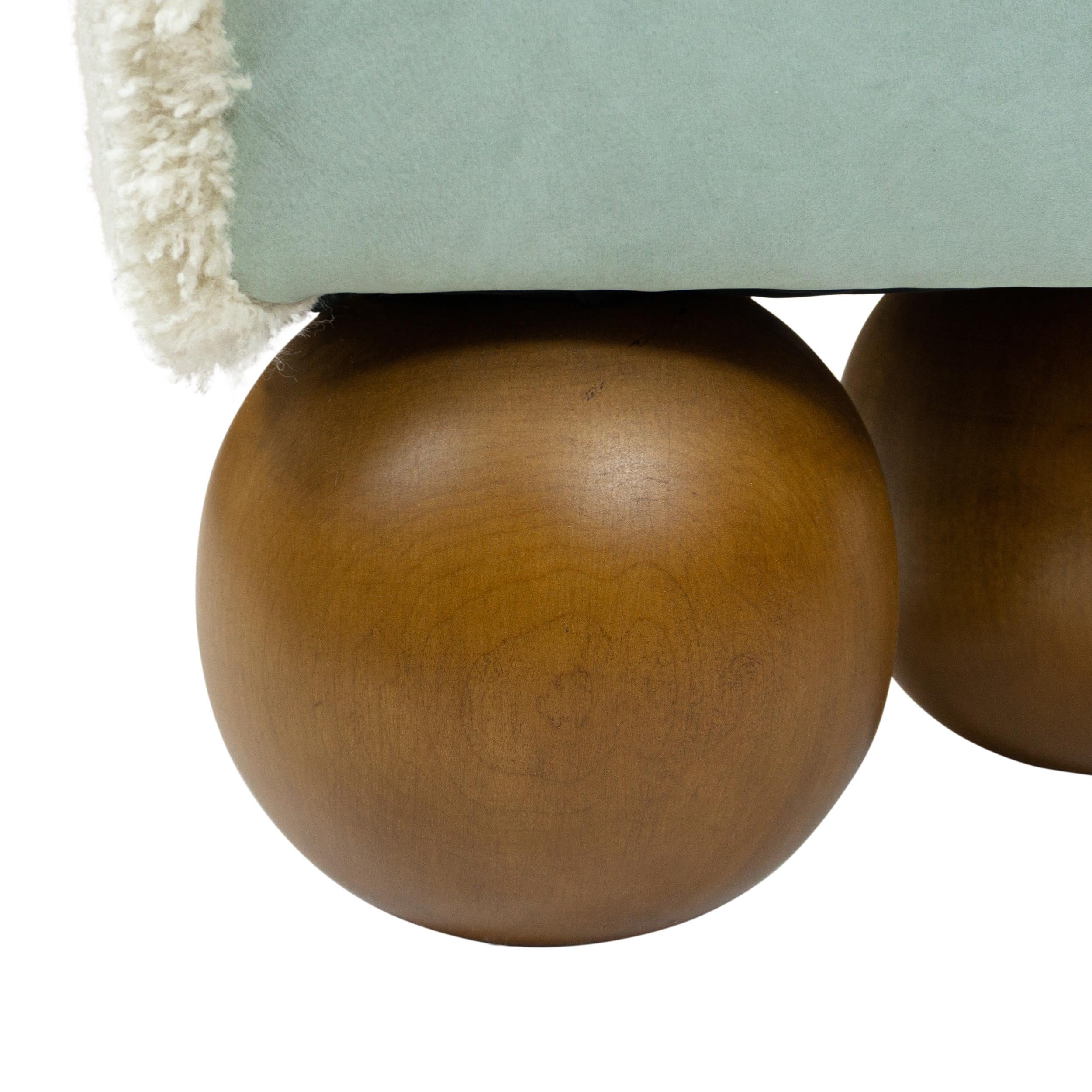 Walnut Ball Foot Bench with Leather Saddle Shaped Seat, Customizable For Sale 2