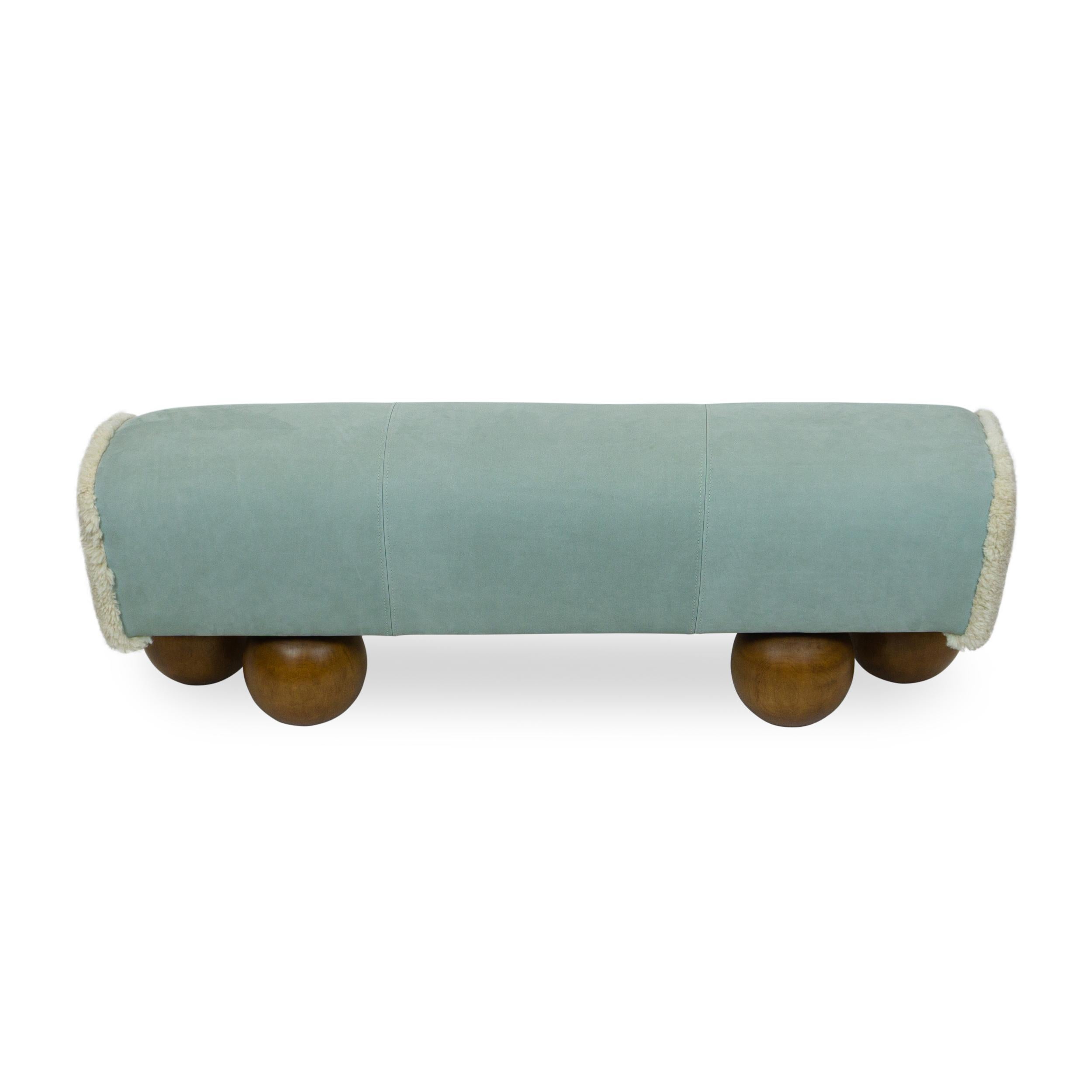 Modern Walnut Ball Foot Bench with Leather Saddle Shaped Seat, Customizable For Sale