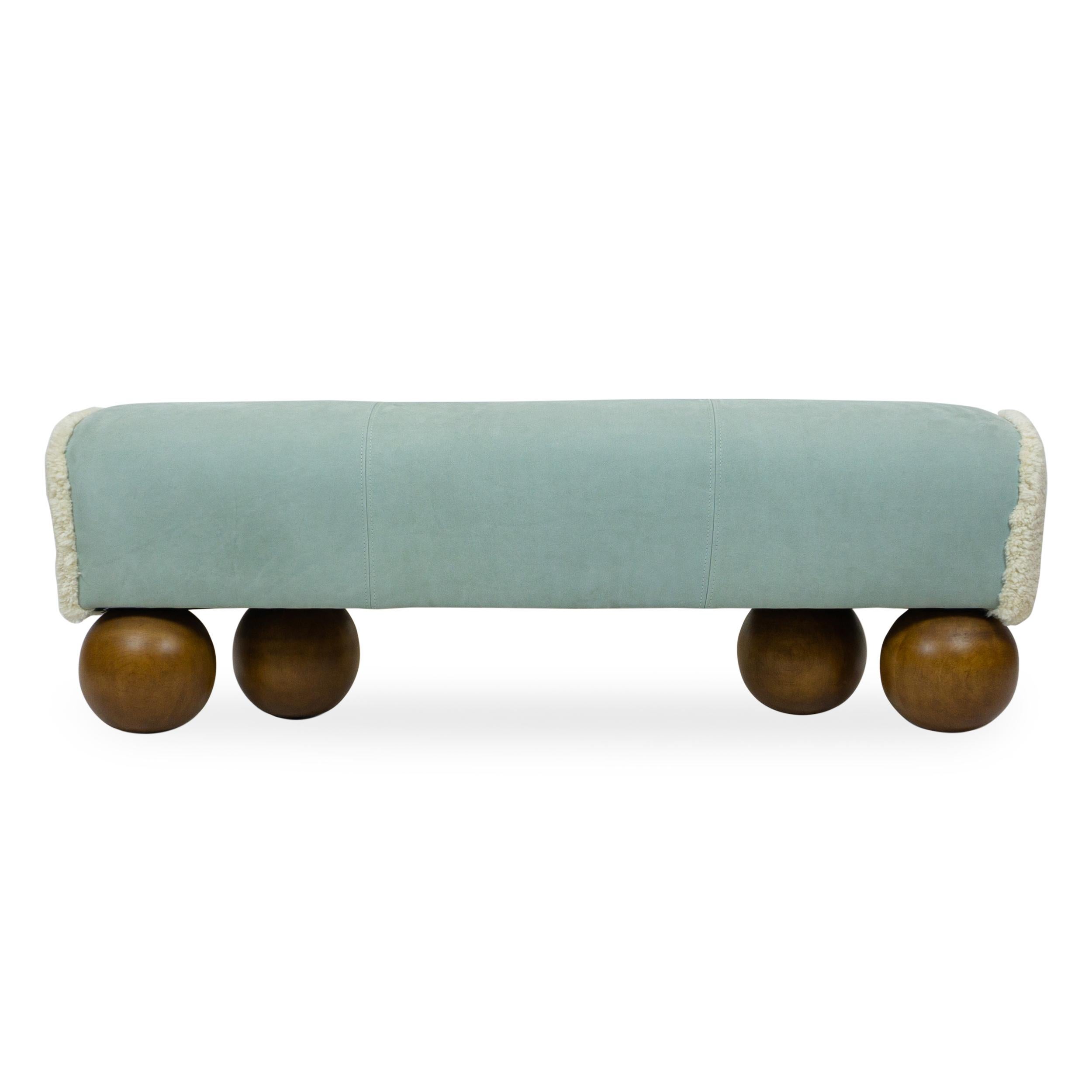 American Walnut Ball Foot Bench with Leather Saddle Shaped Seat, Customizable For Sale