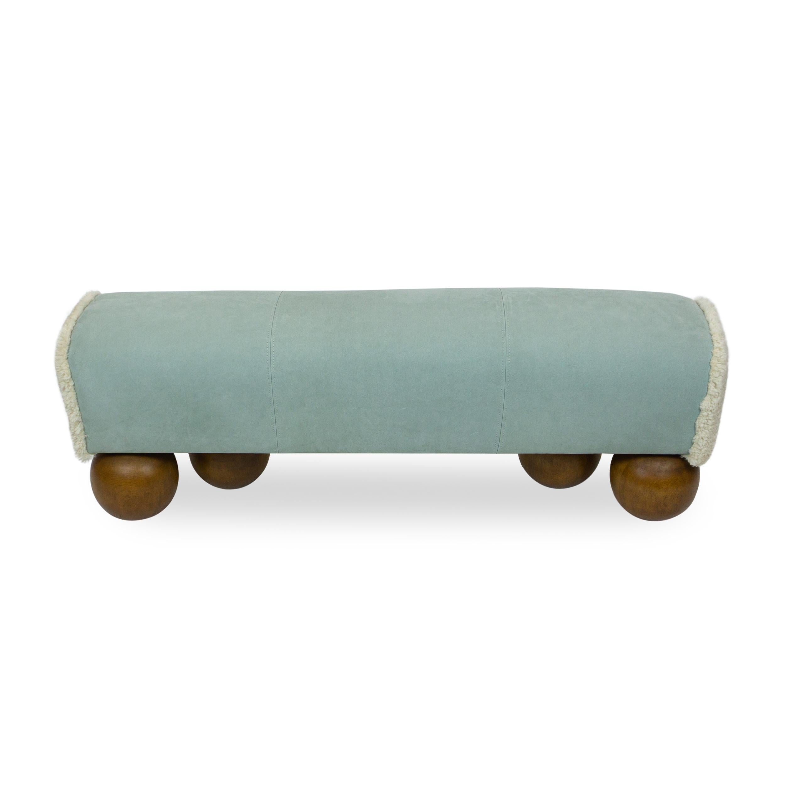 Hand-Crafted Walnut Ball Foot Bench with Leather Saddle Shaped Seat, Customizable For Sale