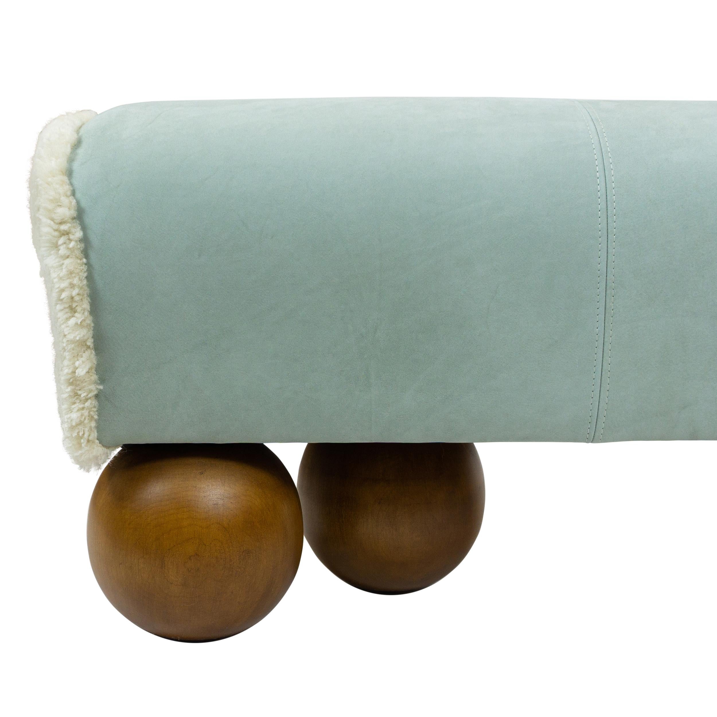 Walnut Ball Foot Bench with Leather Saddle Shaped Seat, Customizable For Sale 1