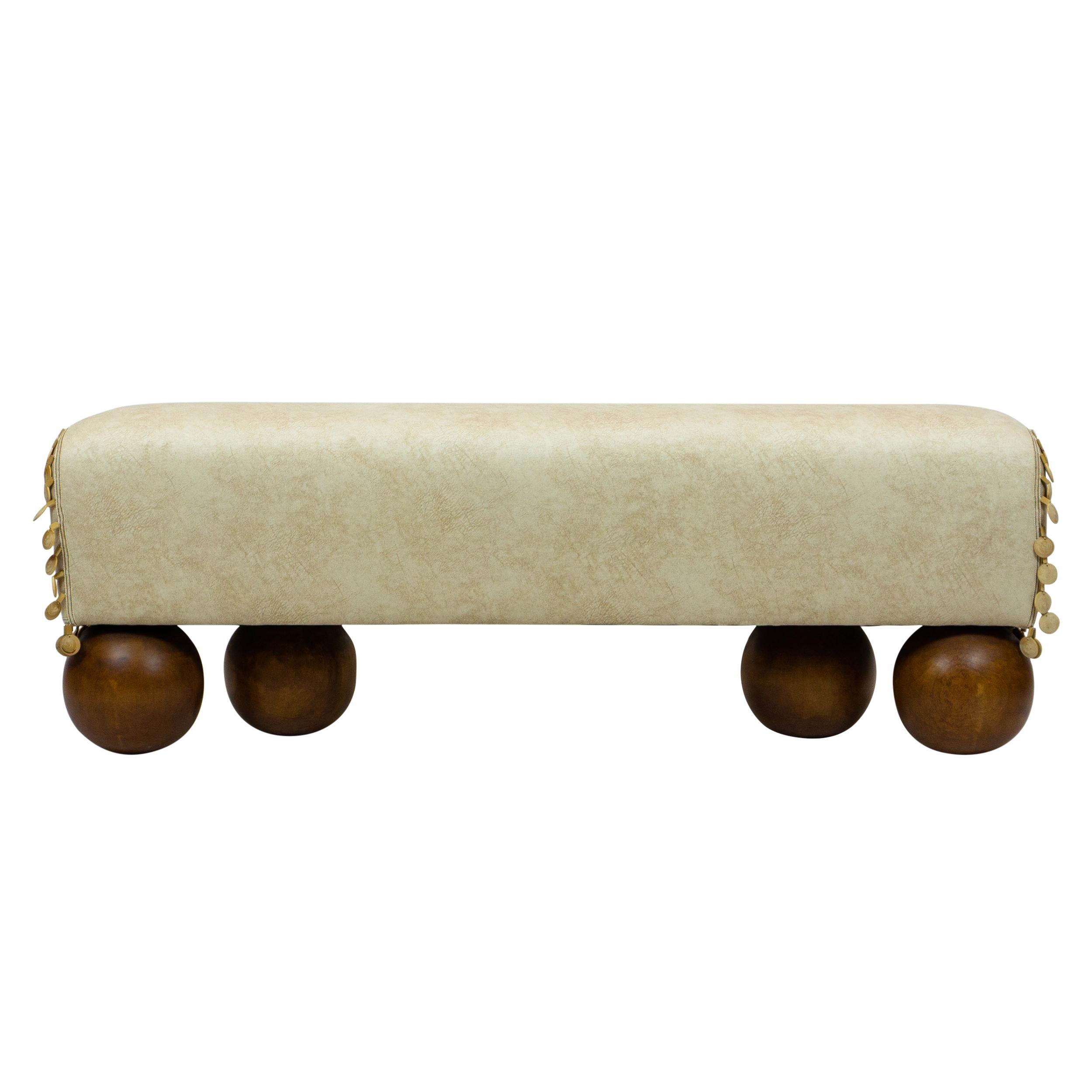 Contemporary Walnut Ball Foot Bench with Saddle Shaped Seat - Customizable For Sale