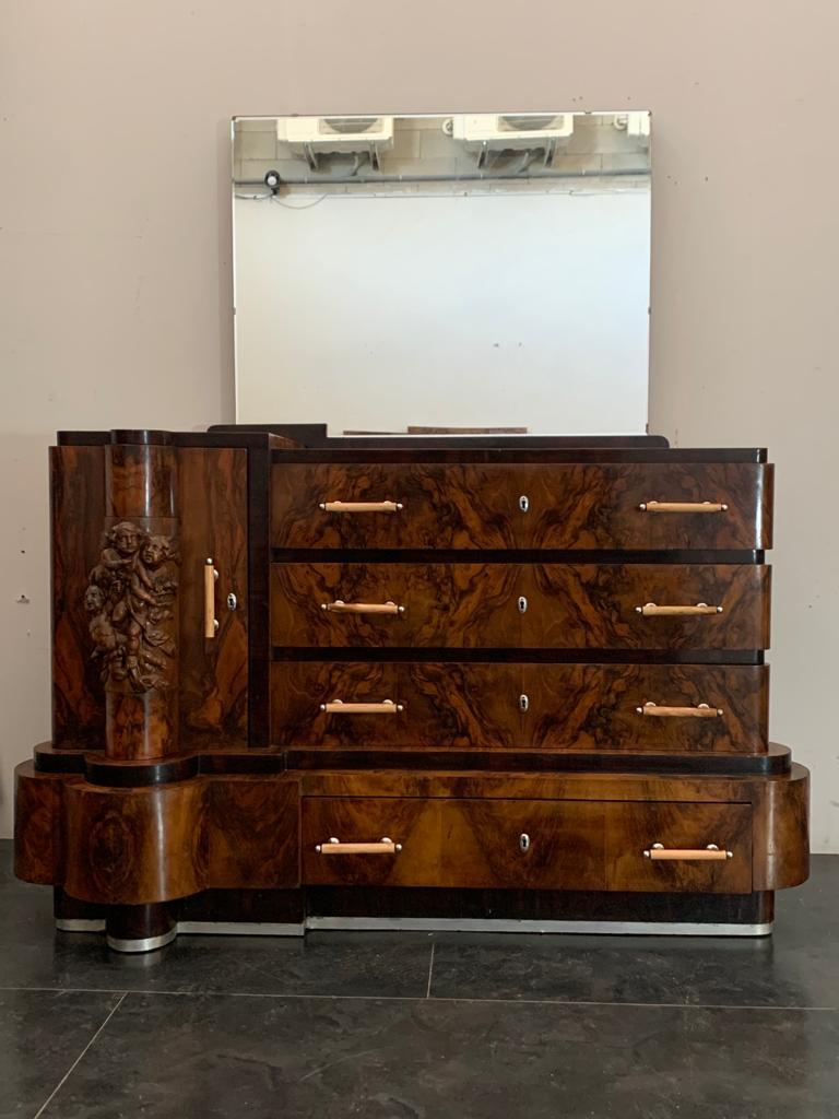 Steel Walnut Bedroom with Carvings by Ducrot, 1920s, Set of 7 For Sale