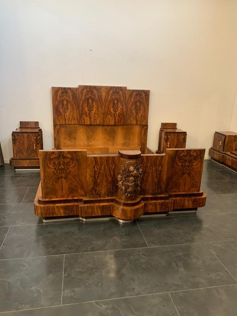 Italian Walnut Bedroom with Carvings by Ducrot, 1920s, Set of 7 For Sale