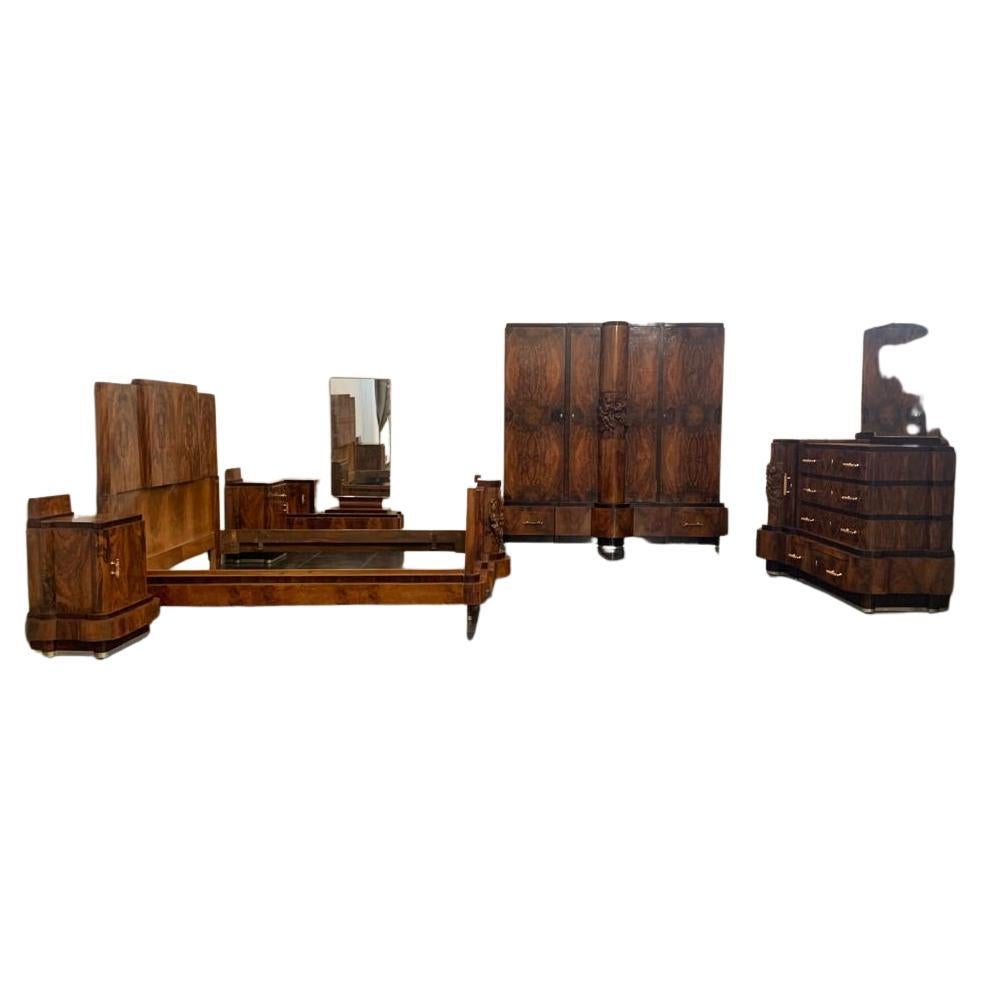 Walnut Bedroom with Carvings by Ducrot, 1920s, Set of 7 For Sale