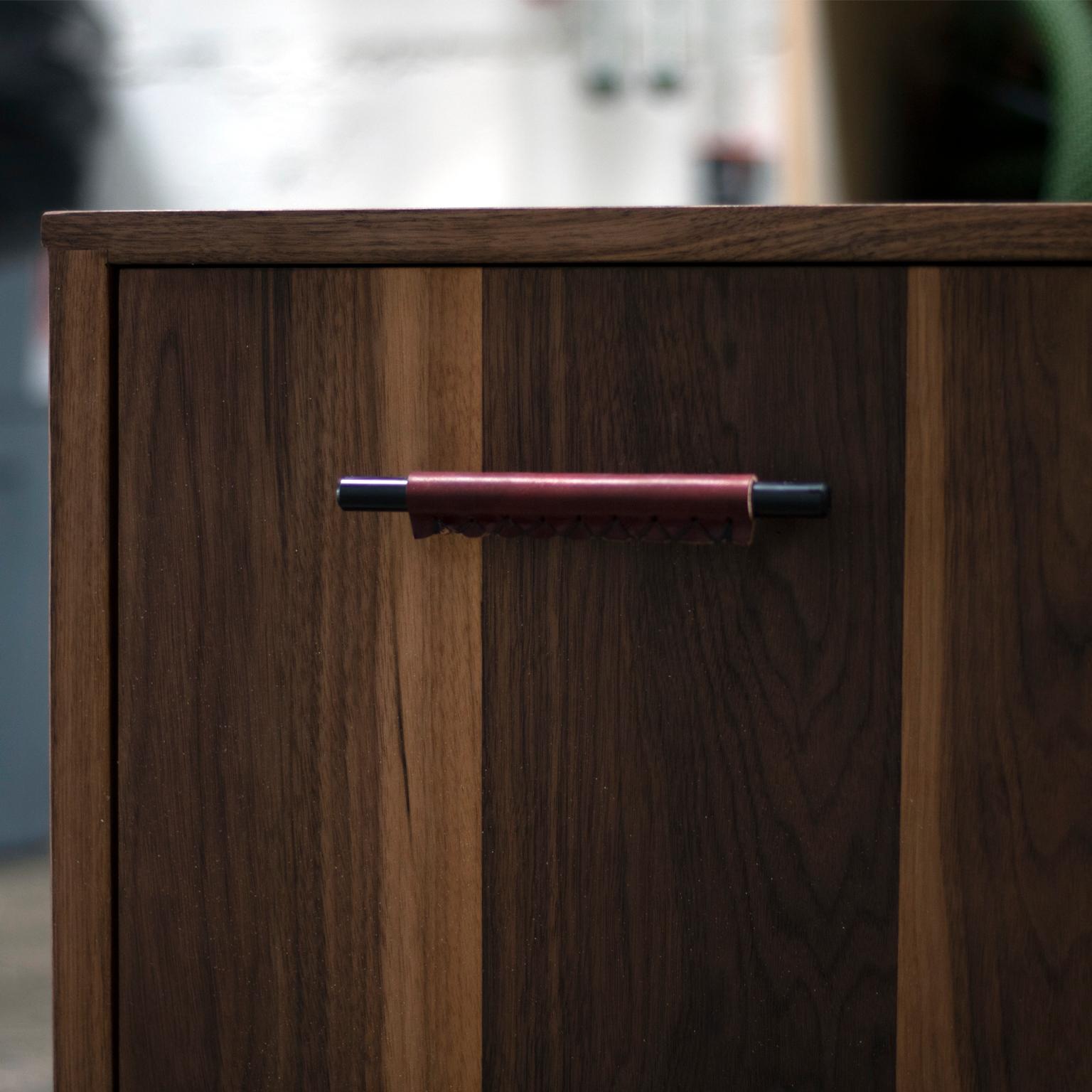 Canadian Walnut Belmont Cabinet with Oxblood Leather Pull Handles For Sale