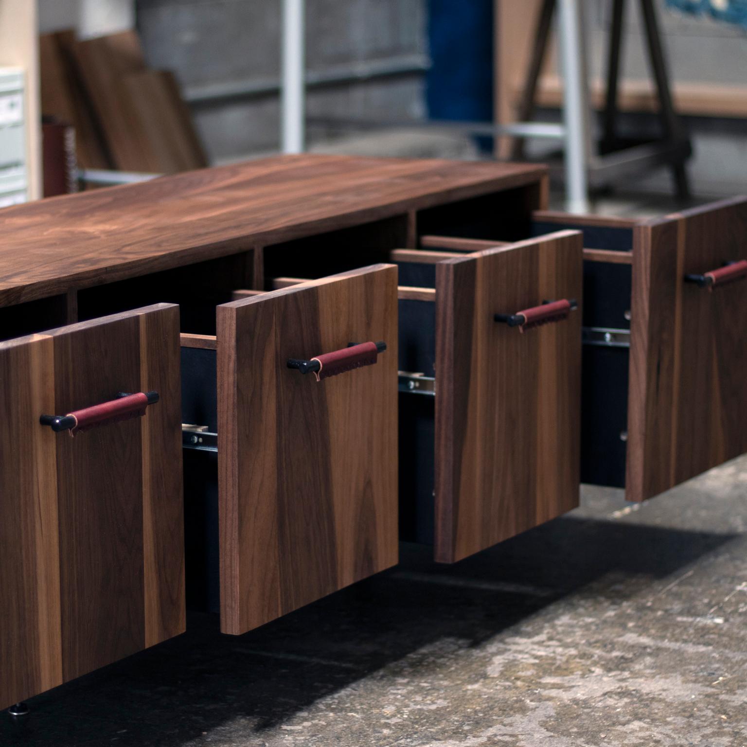 Hand-Crafted Walnut Belmont Cabinet with Oxblood Leather Pull Handles For Sale