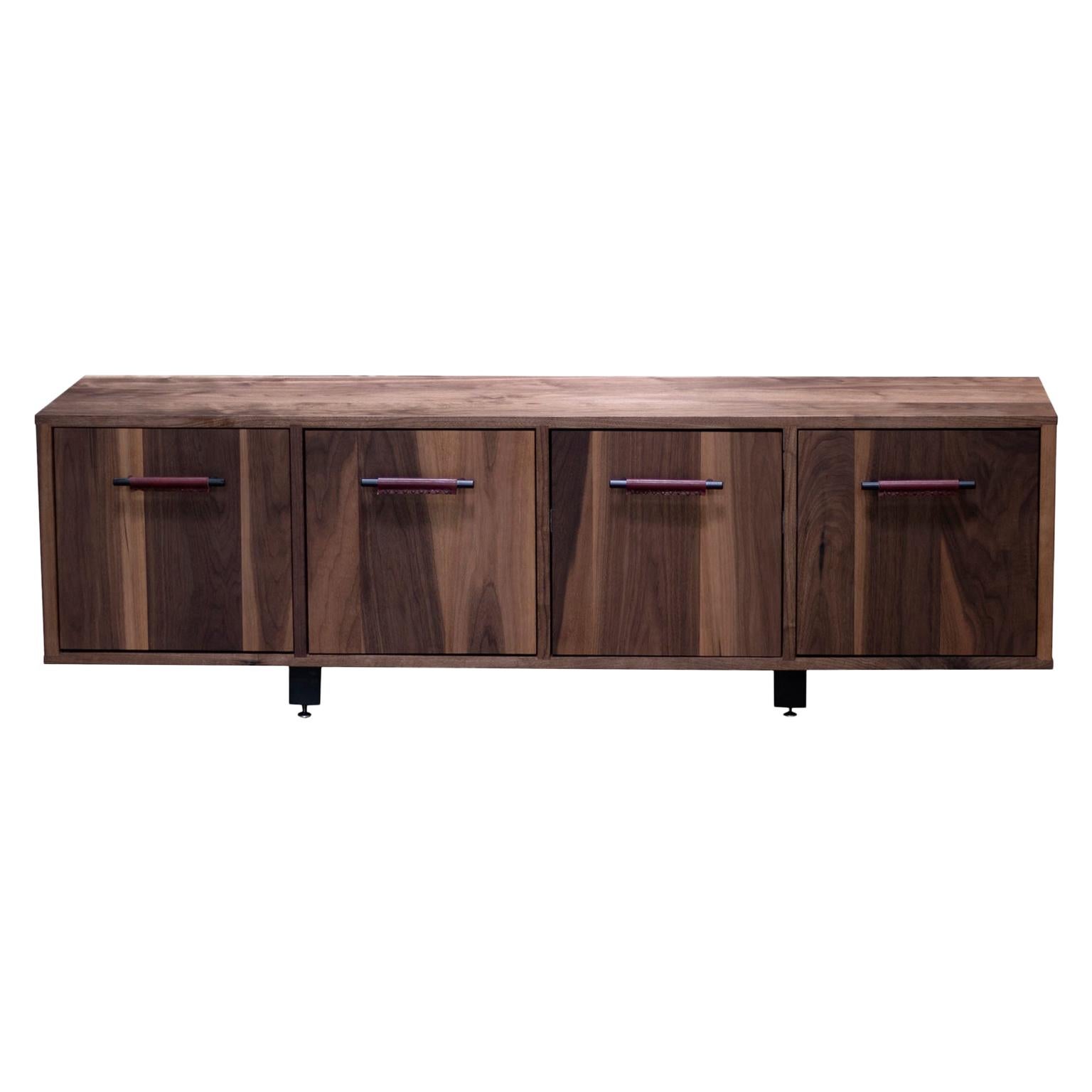 Walnut Belmont Cabinet with Oxblood Leather Pull Handles For Sale