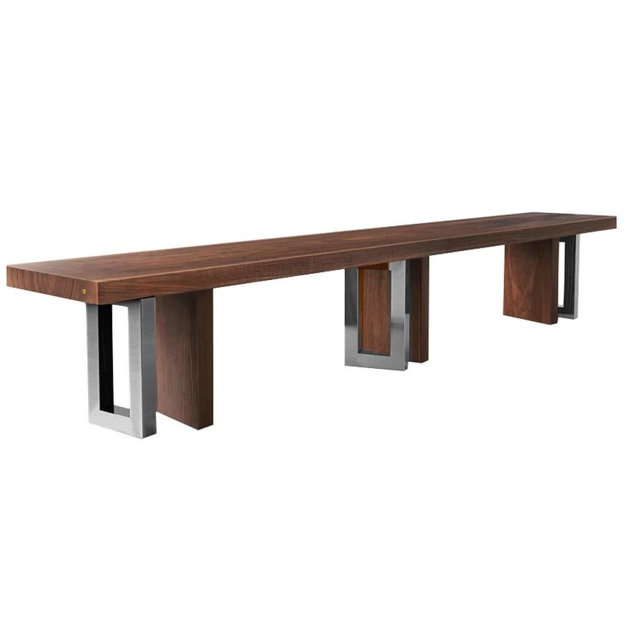 Modern Walnut Bench with Black Chrome Finish Brass Legs, Made in Italy For Sale
