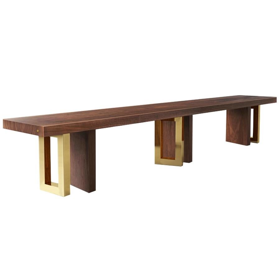 Modern Walnut Bench with Yellow Gold Finish Brass Legs, Made in Italy For Sale