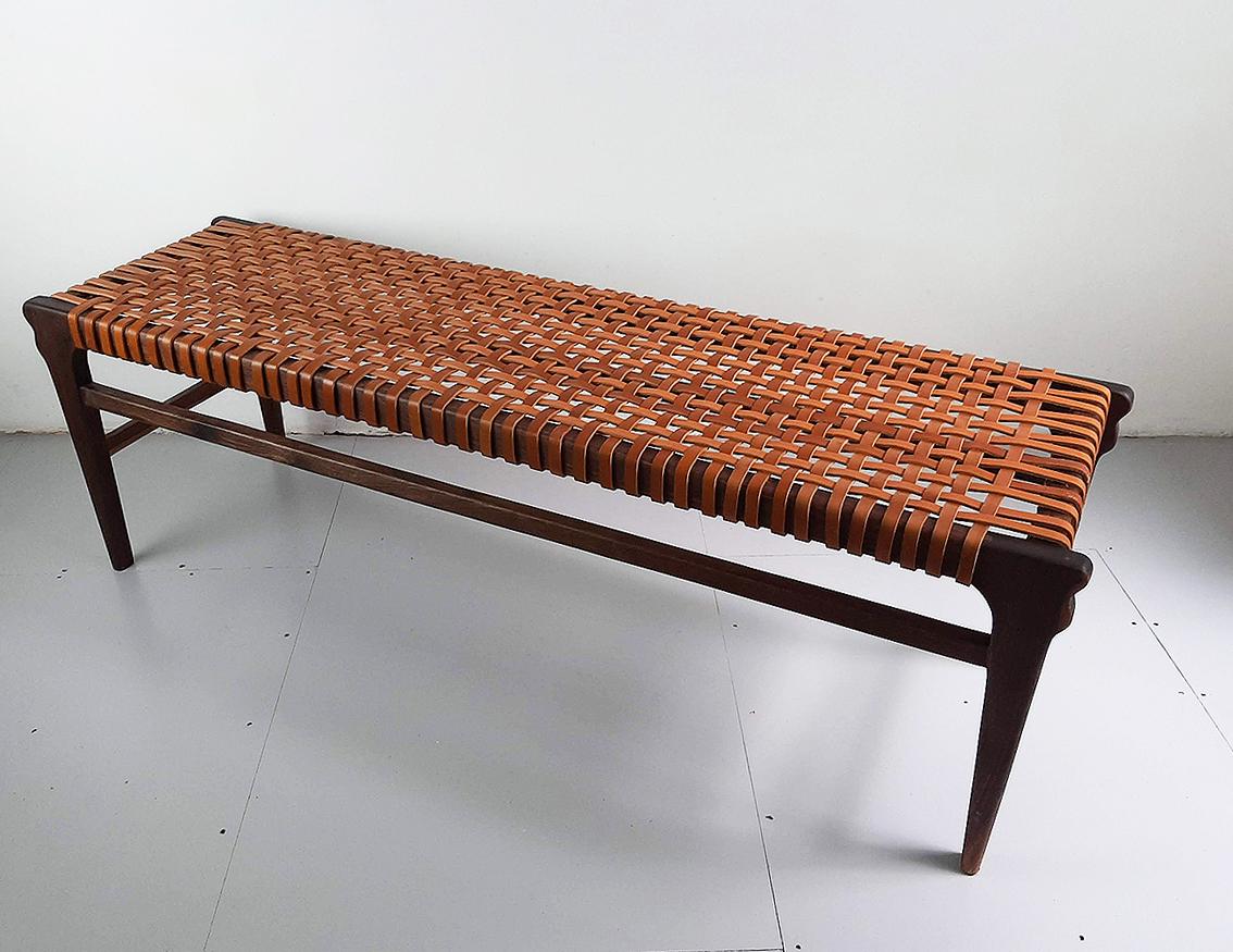 British Walnut Bench with Leather Webbing.  For Sale
