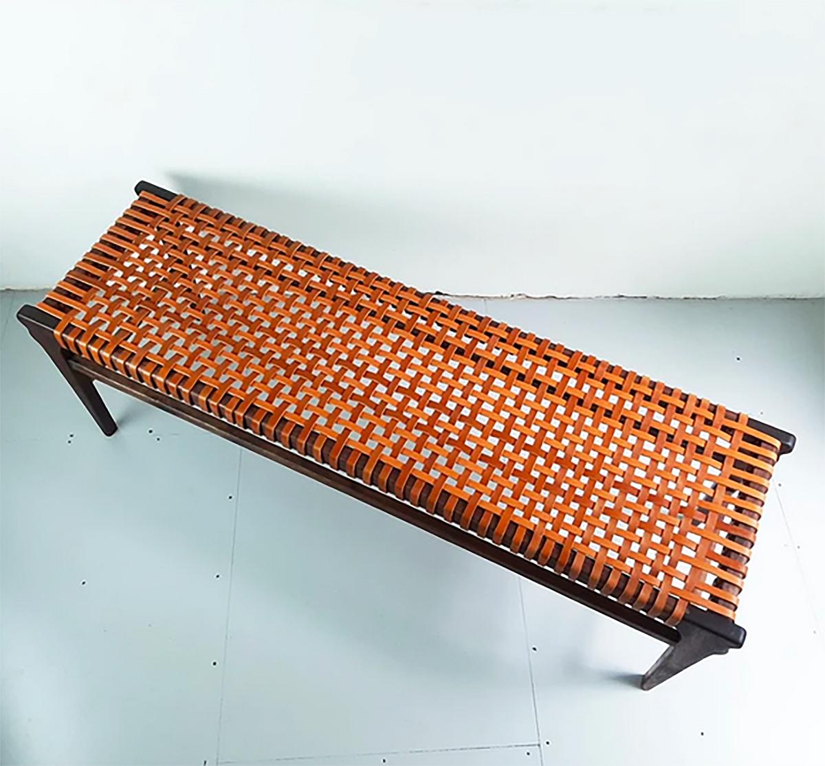 Walnut Bench with Leather Webbing.  For Sale 1