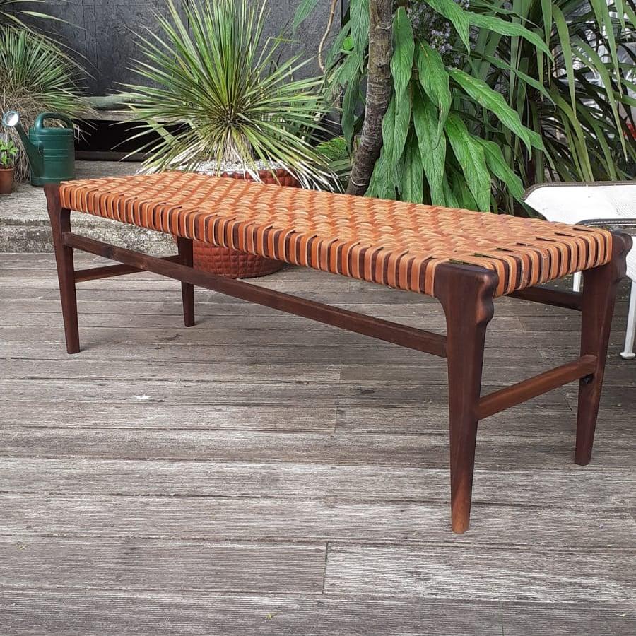 Walnut Bench with Leather Webbing.  For Sale 2