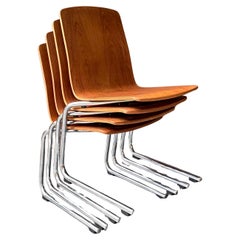 4 Walnut Bentwood Stacking Dining Set Chairs Vintage Mid-Century Post-Modern