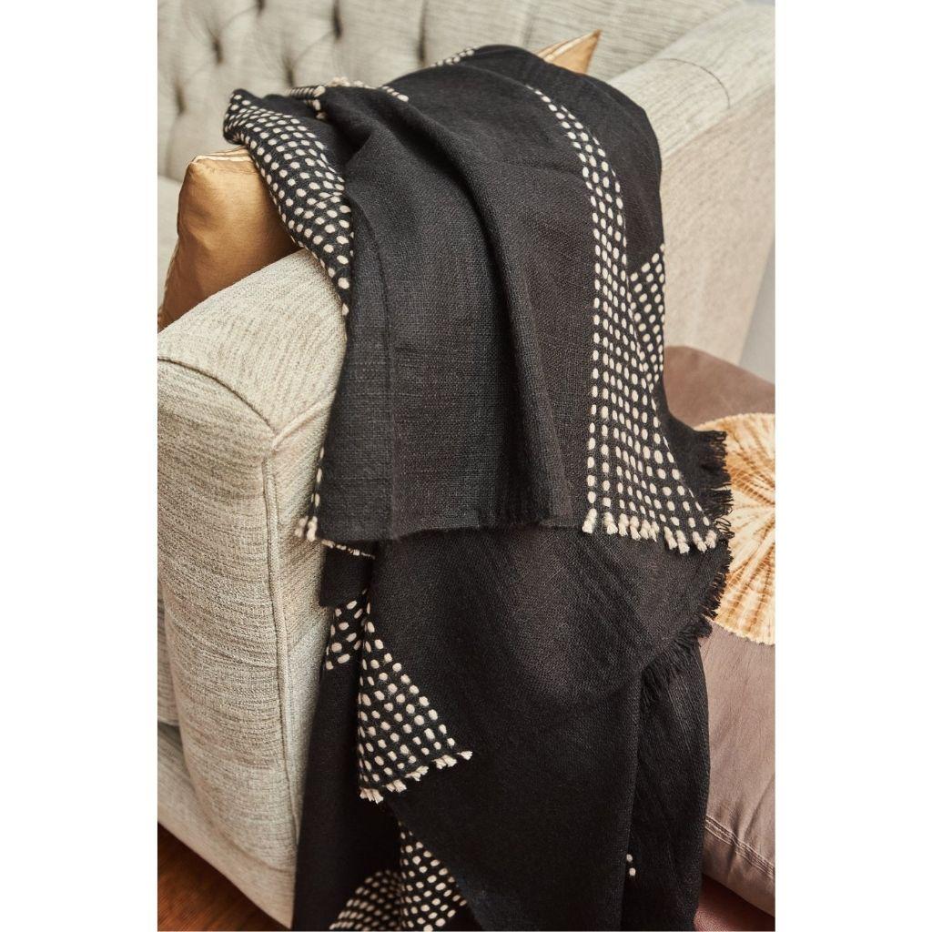 Walnut Black Handpsun Handloom Yak Throw / Blanket with White Stripes Pattern For Sale 1