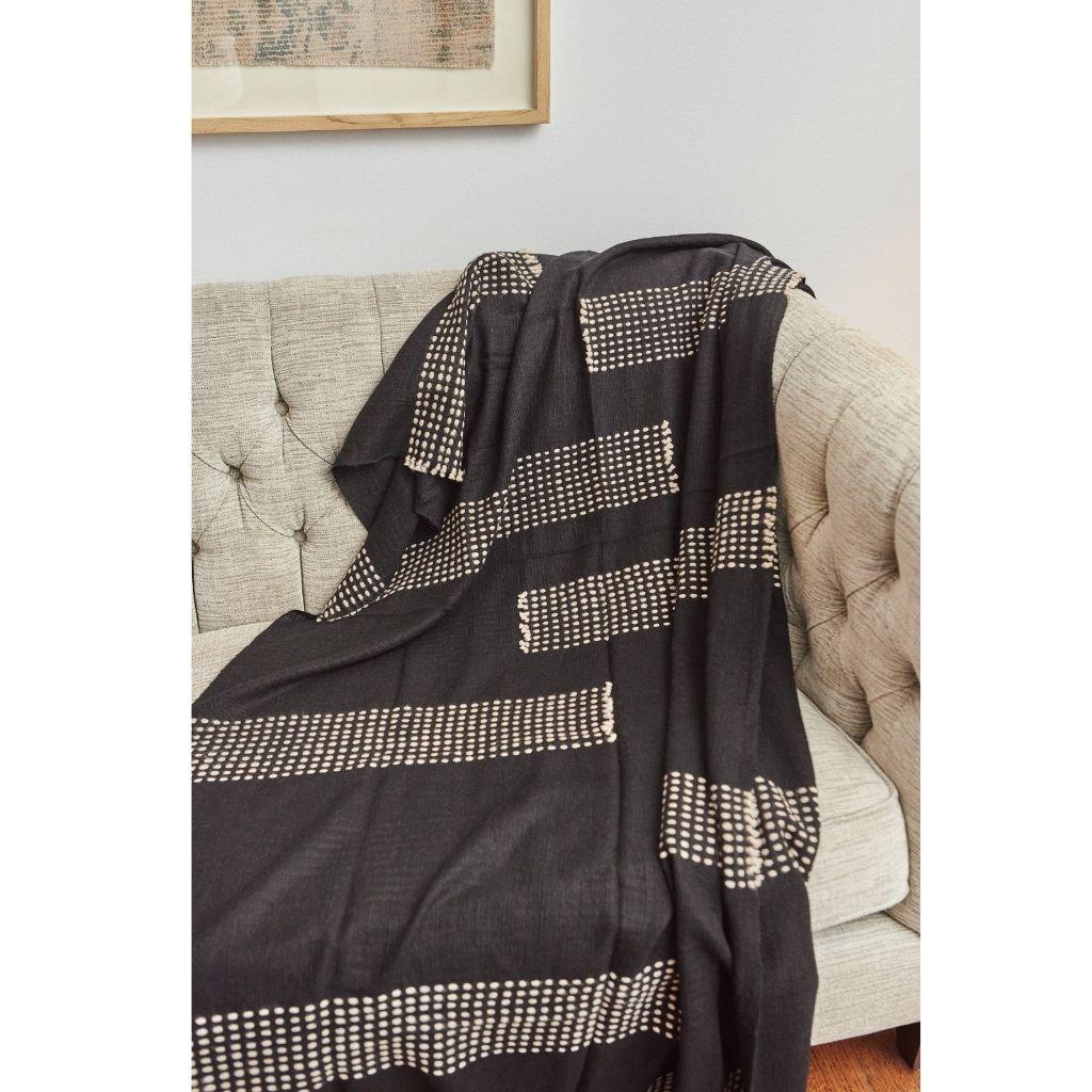 Walnut Black Handpsun Handloom Yak Throw / Blanket with White Stripes Pattern For Sale 3