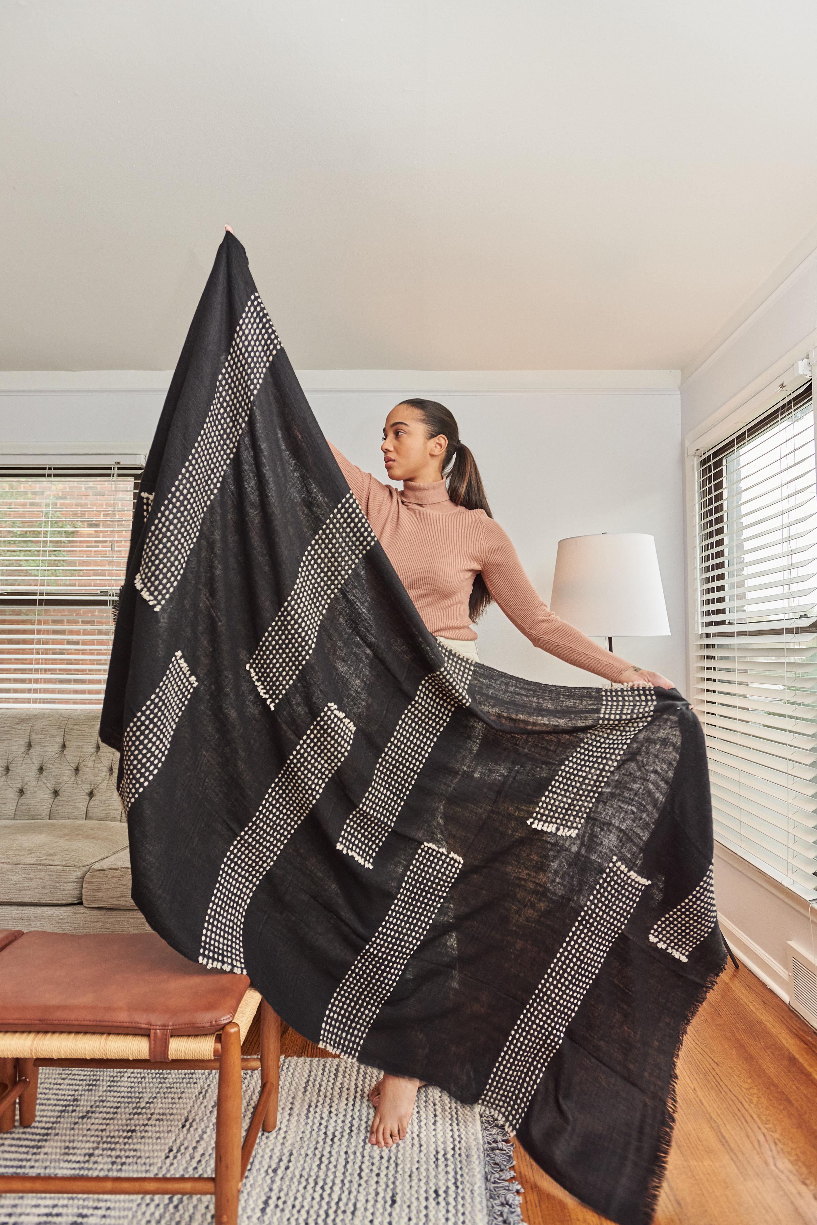 Modern Walnut Black Handpsun Handloom Yak Throw / Blanket with White Stripes Pattern For Sale